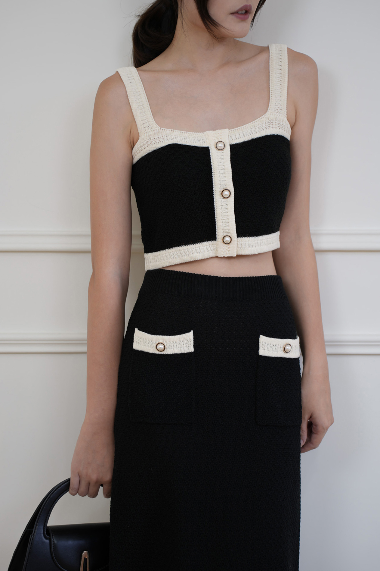 撞色滾邊織紋珍珠釦背心