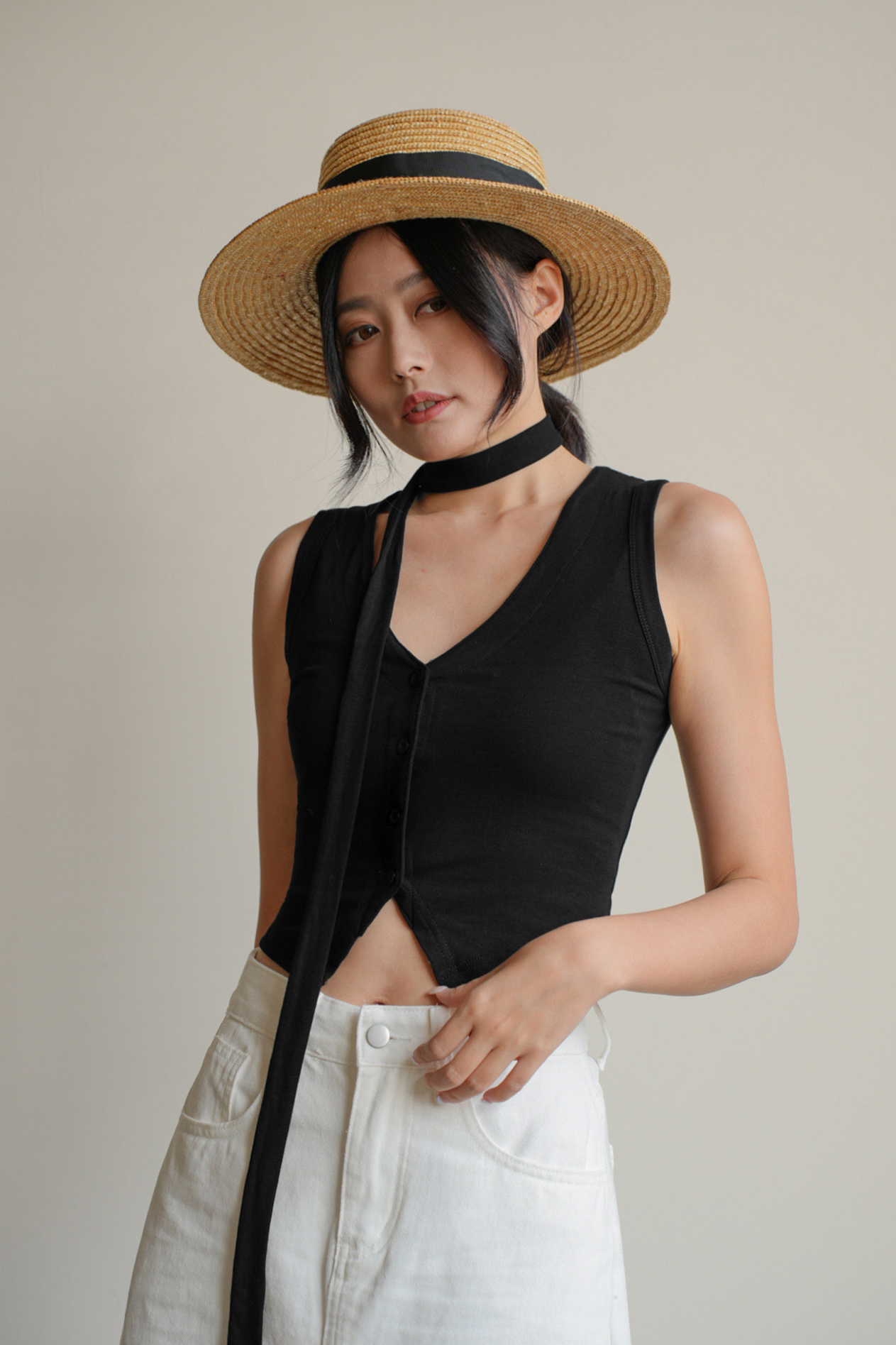 排釦V領棉質背心(附綁帶)