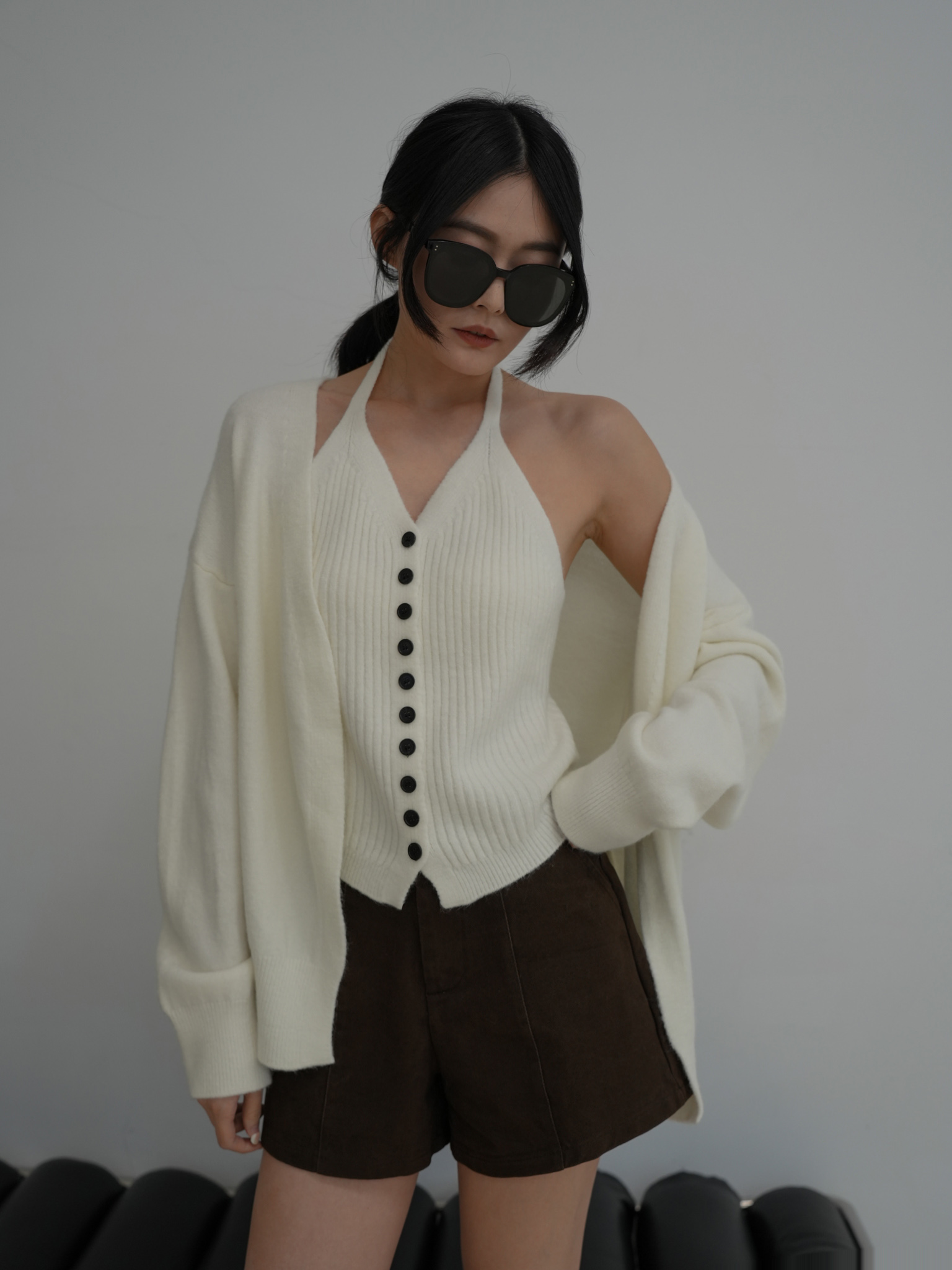 針織排釦背心兩件套上衣