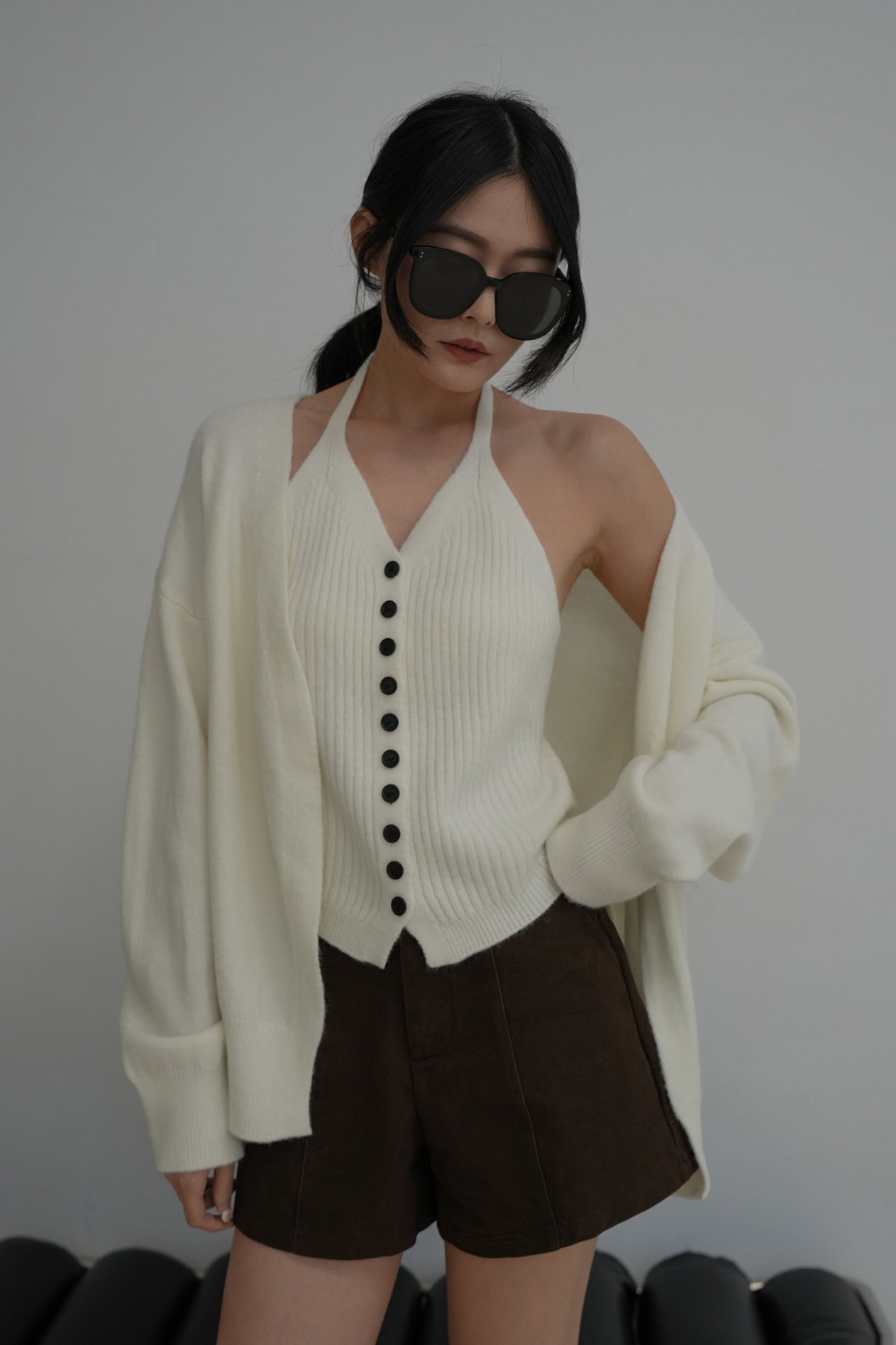 針織排釦背心兩件套上衣