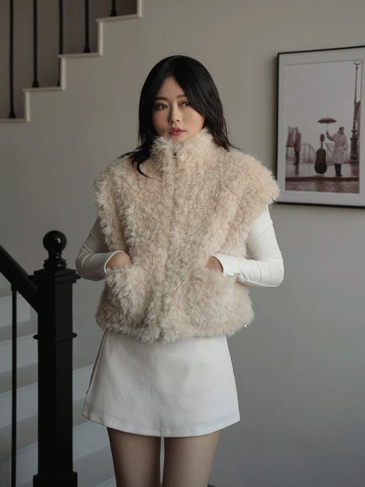 質感捲毛立領拉鍊背心