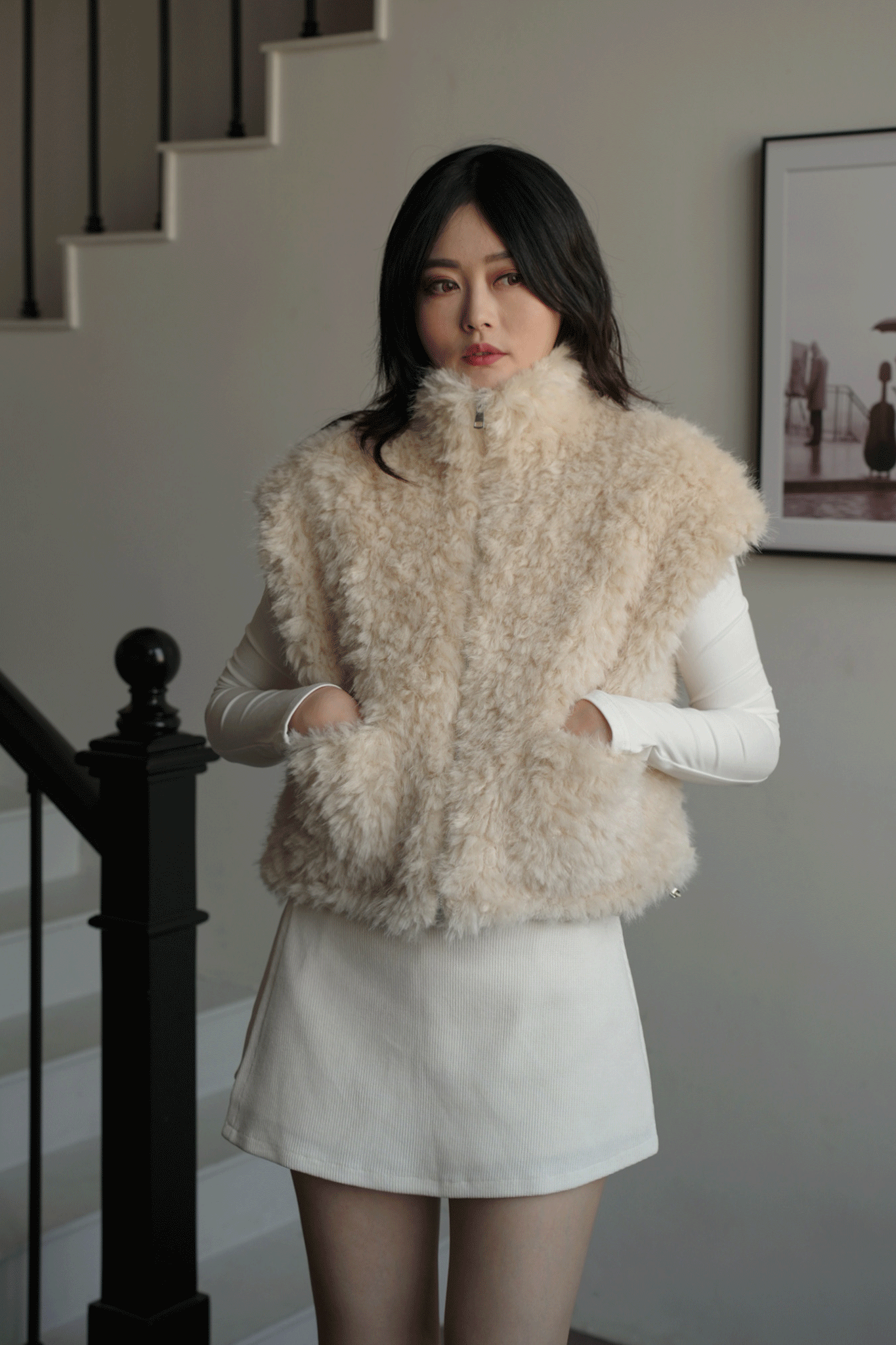 質感捲毛立領拉鍊背心