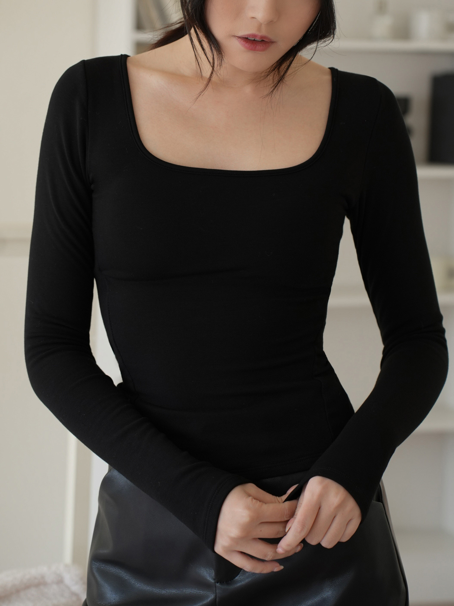 保暖內磨毛方領收腰線BRA上衣