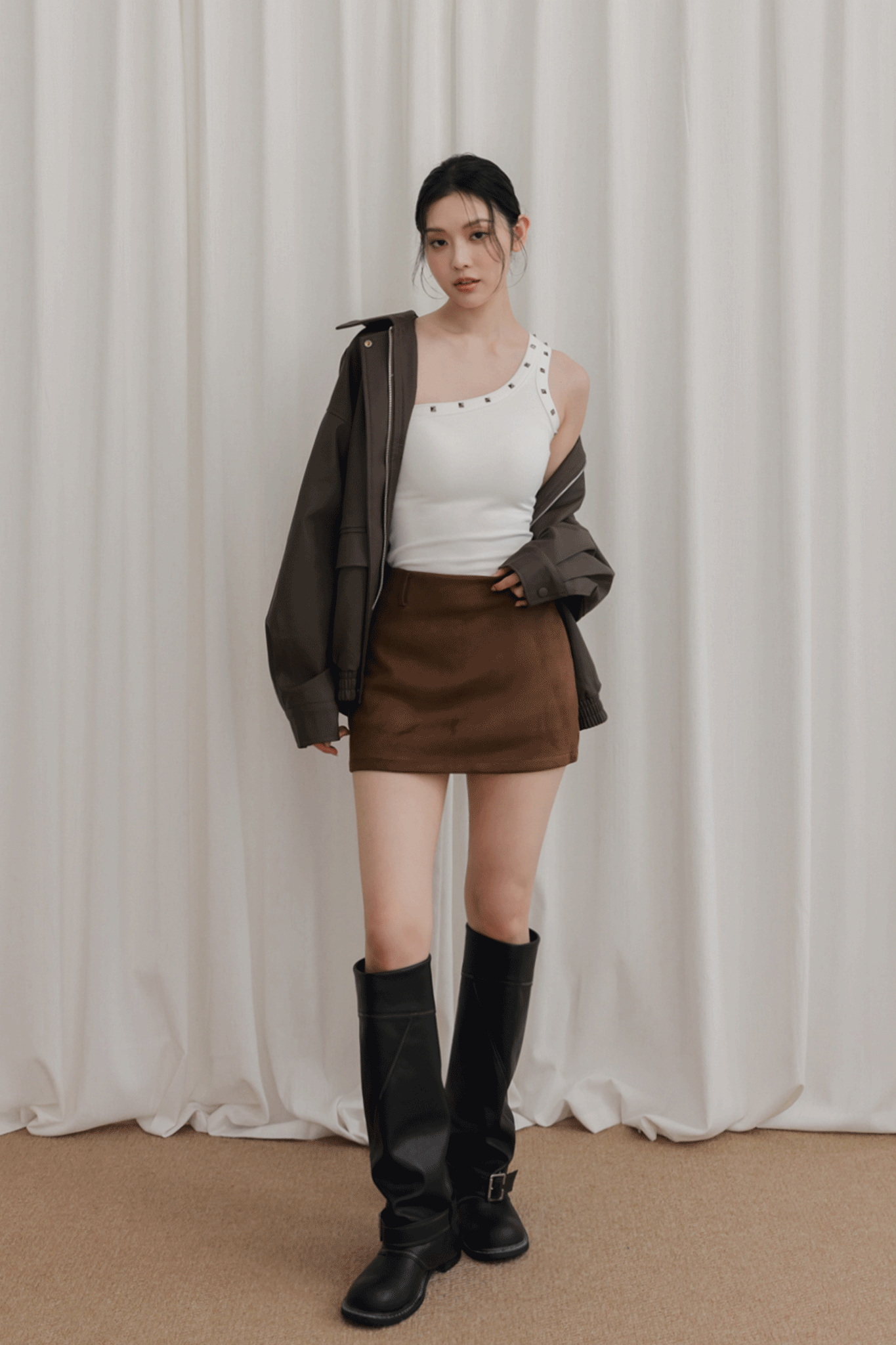 鉚釘時髦單肩BRA TOP