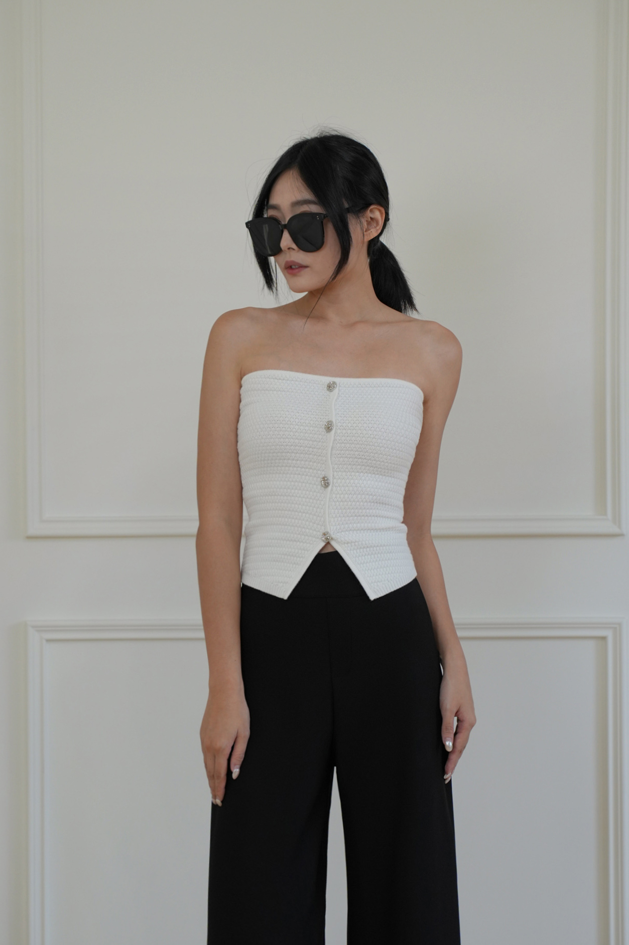 氣質排釦織紋平口上衣