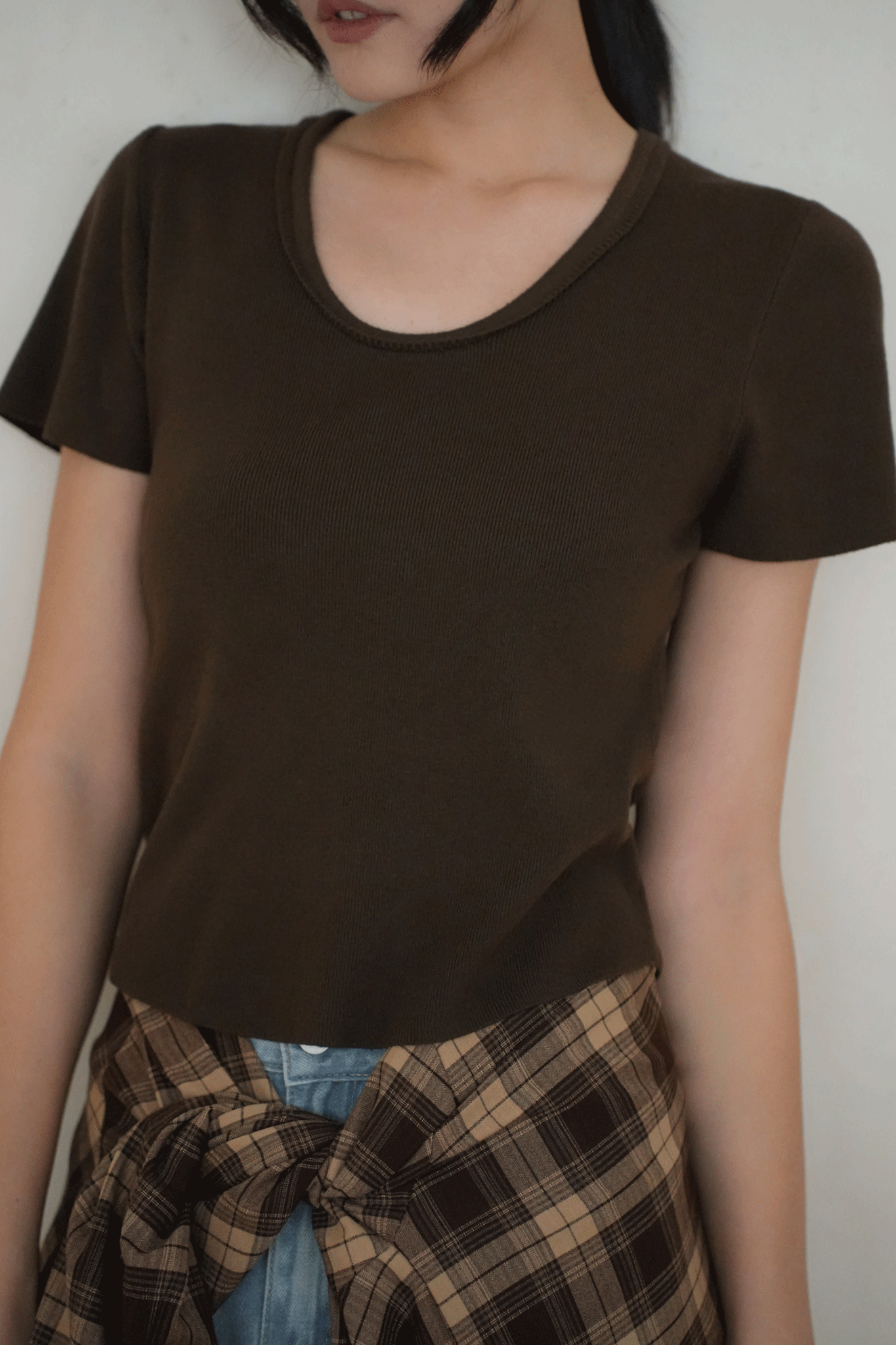 圓領細針織短袖上衣