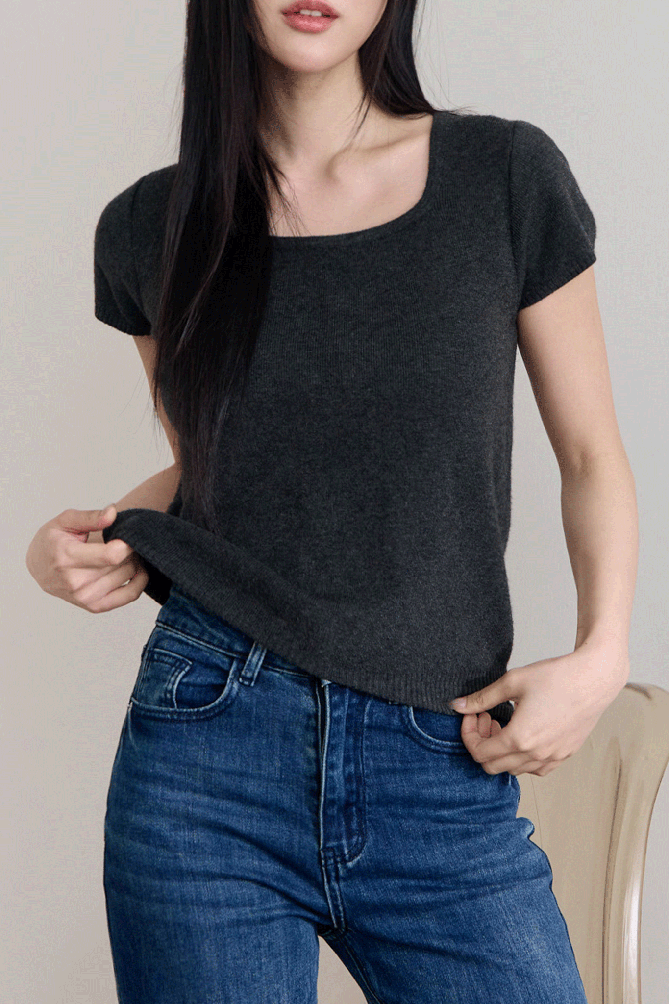 細針織方領短袖上衣