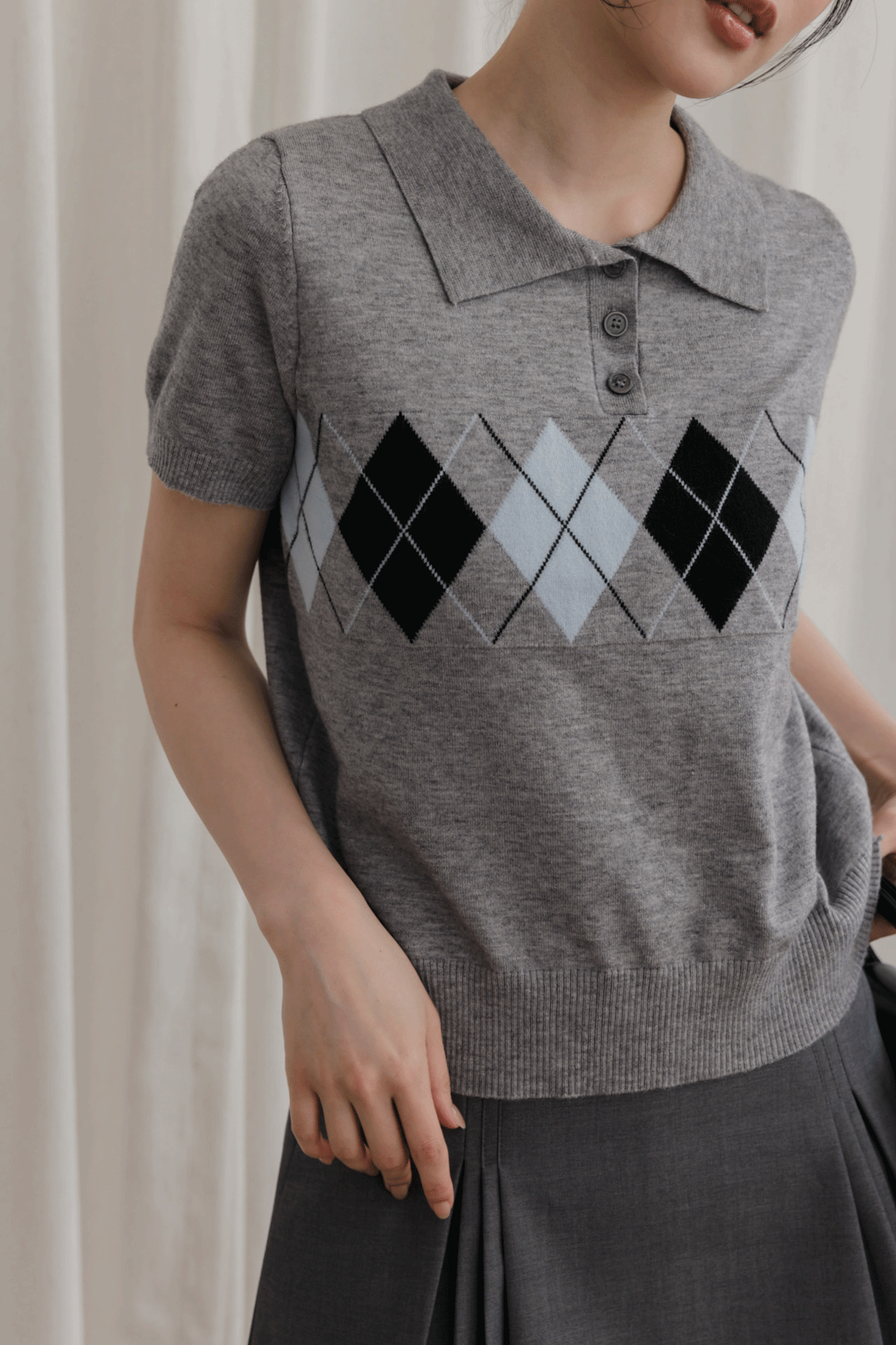 菱格細針織短袖上衣