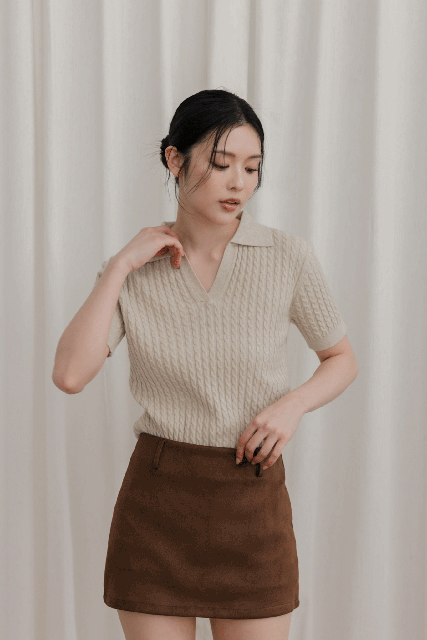 輕柔麻花V領細針織上衣