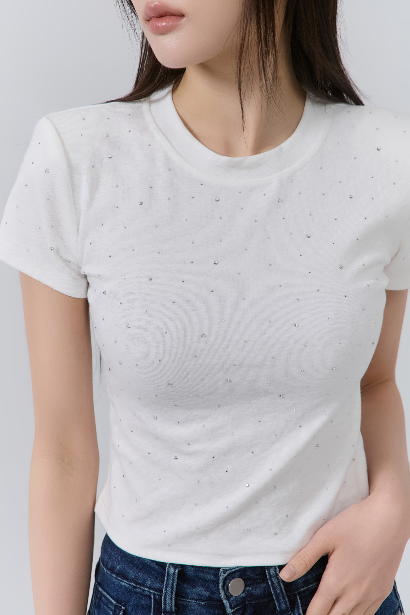 燙鑽圓領棉質短袖上衣