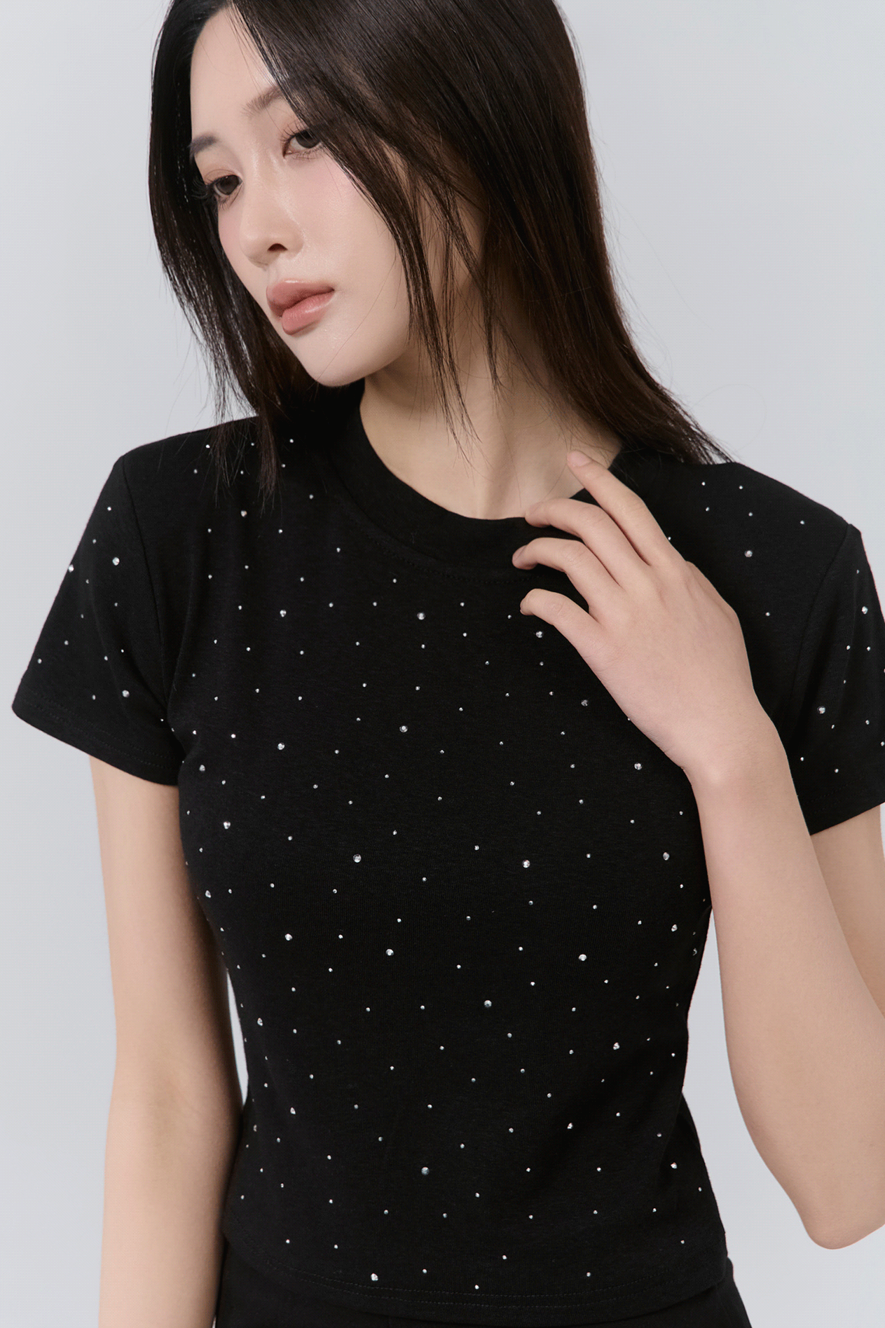 燙鑽圓領棉質短袖上衣