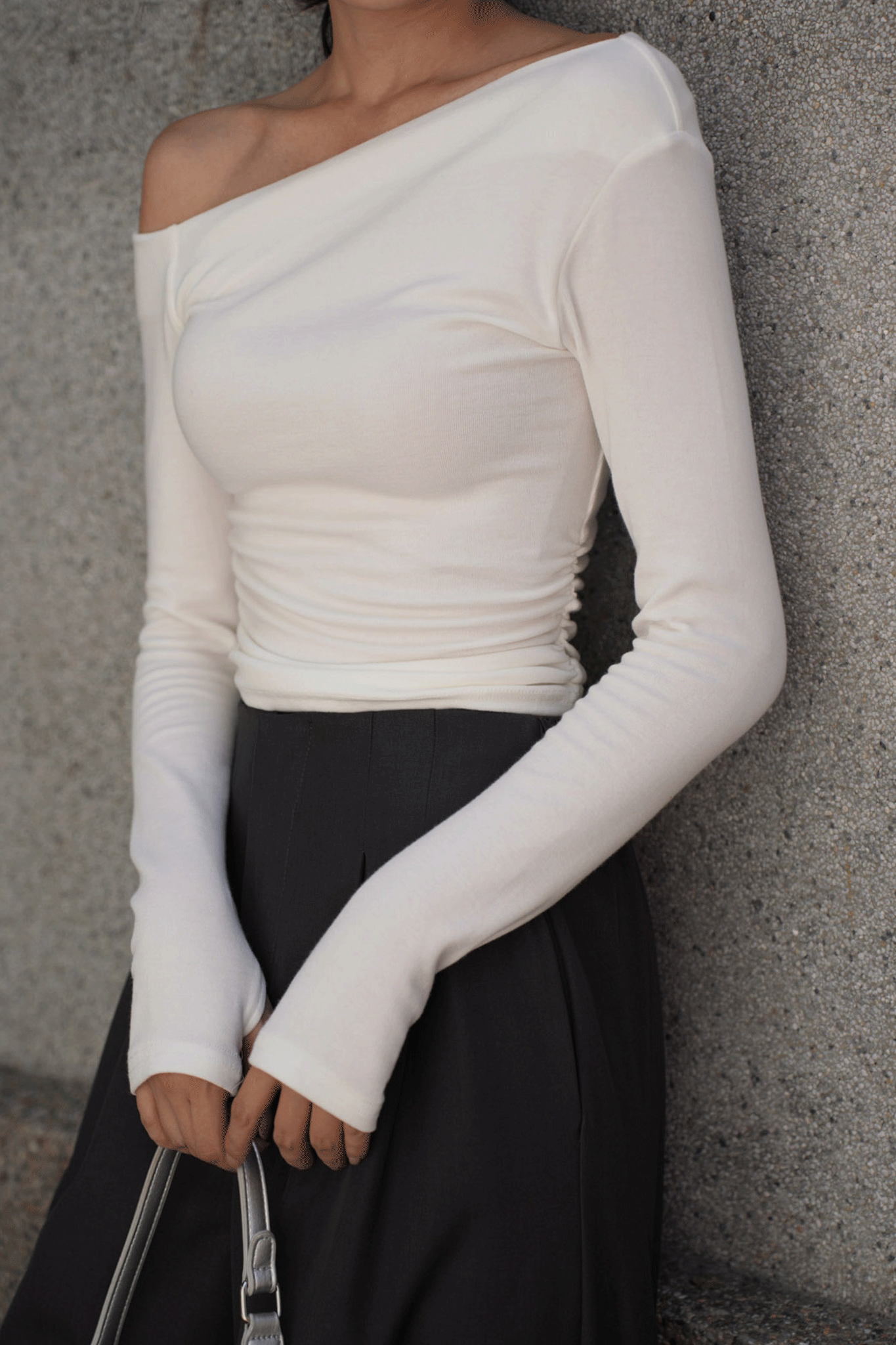 時髦超彈棉斜肩上衣