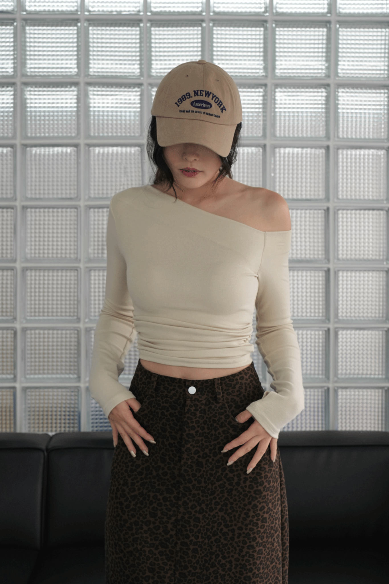 時髦超彈棉斜肩上衣