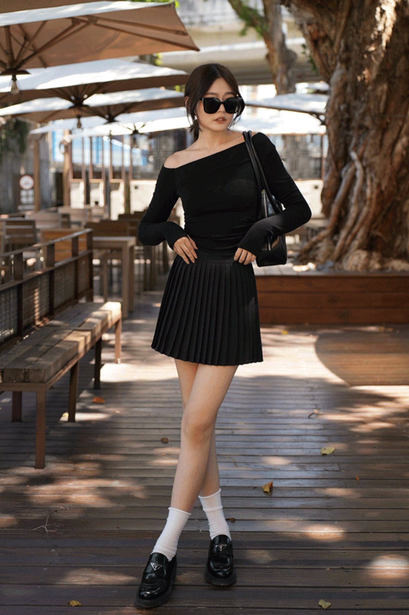 時髦超彈棉斜肩上衣