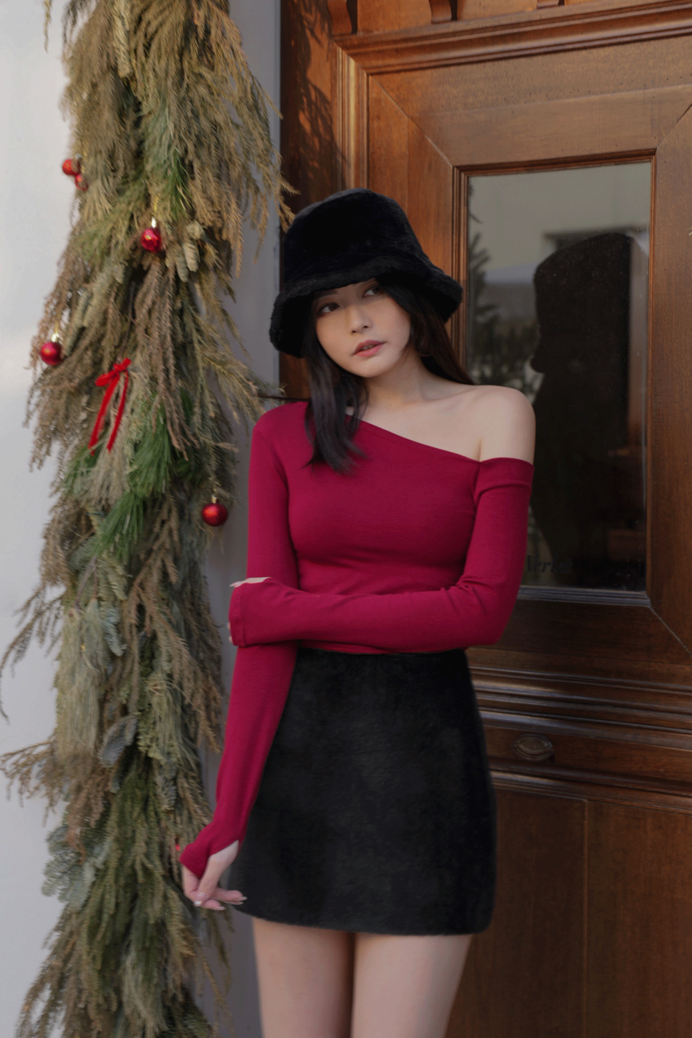 時髦超彈棉斜肩上衣