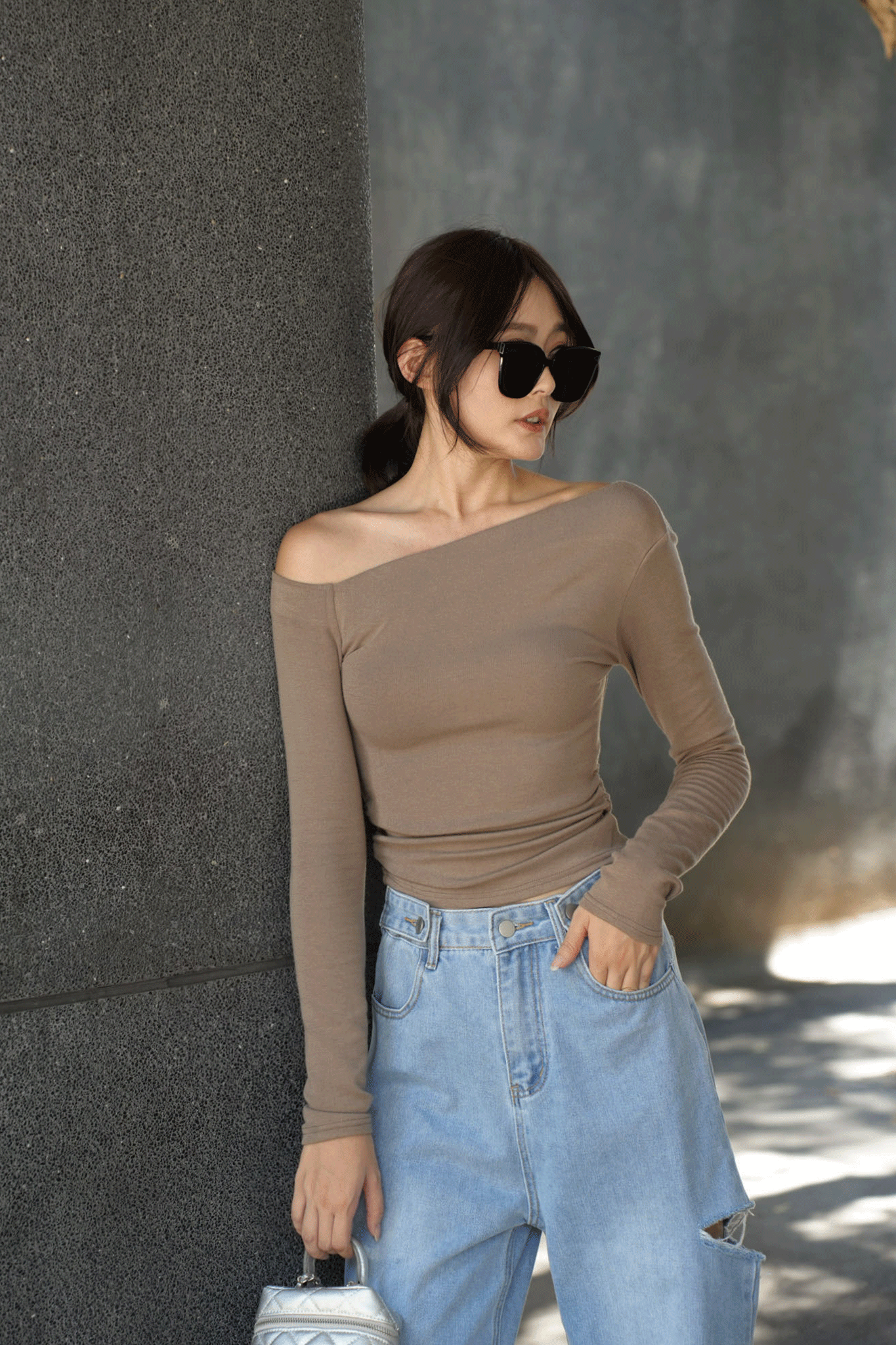 時髦超彈棉斜肩上衣