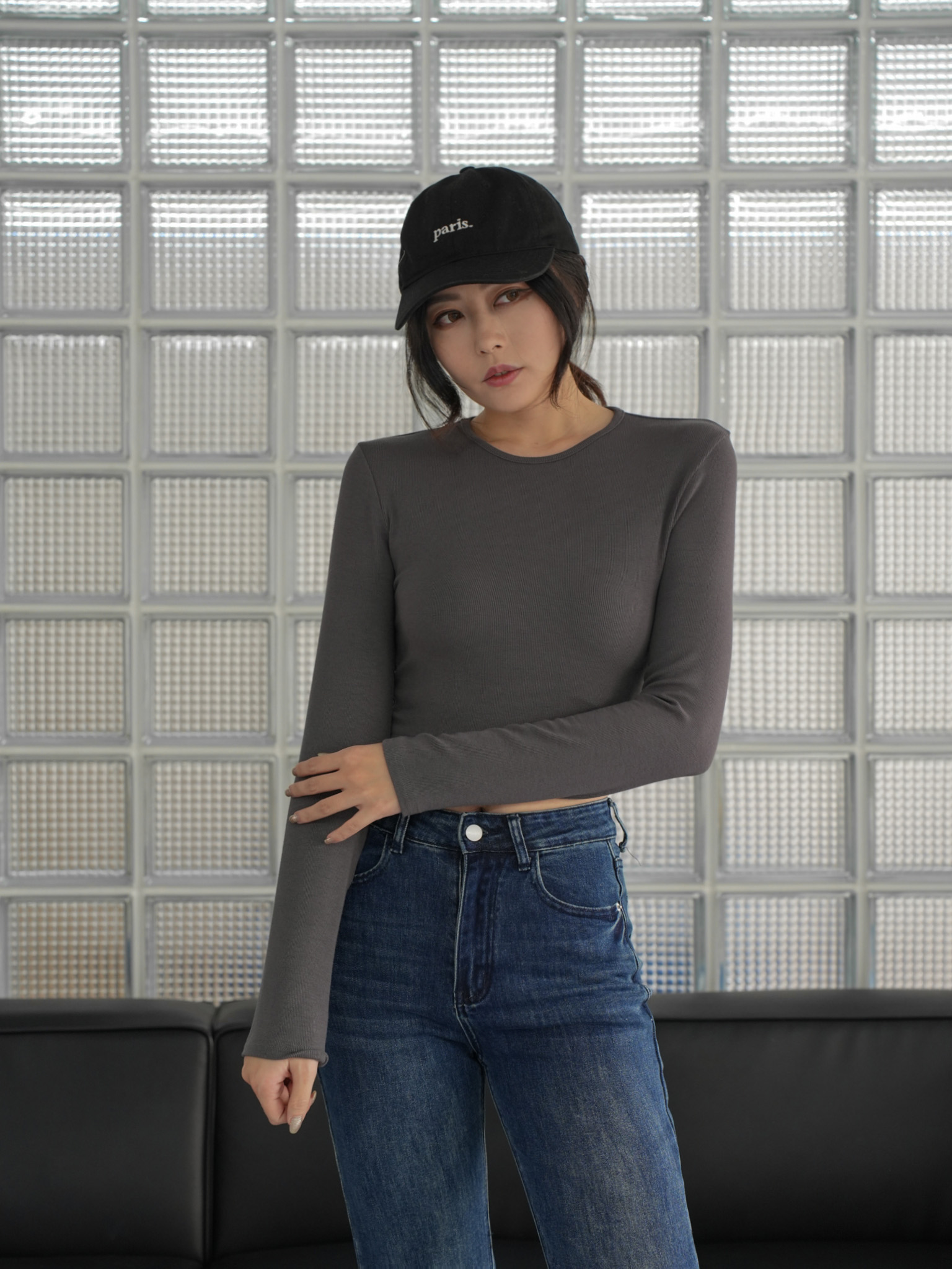 百搭彈力螺紋長袖上衣