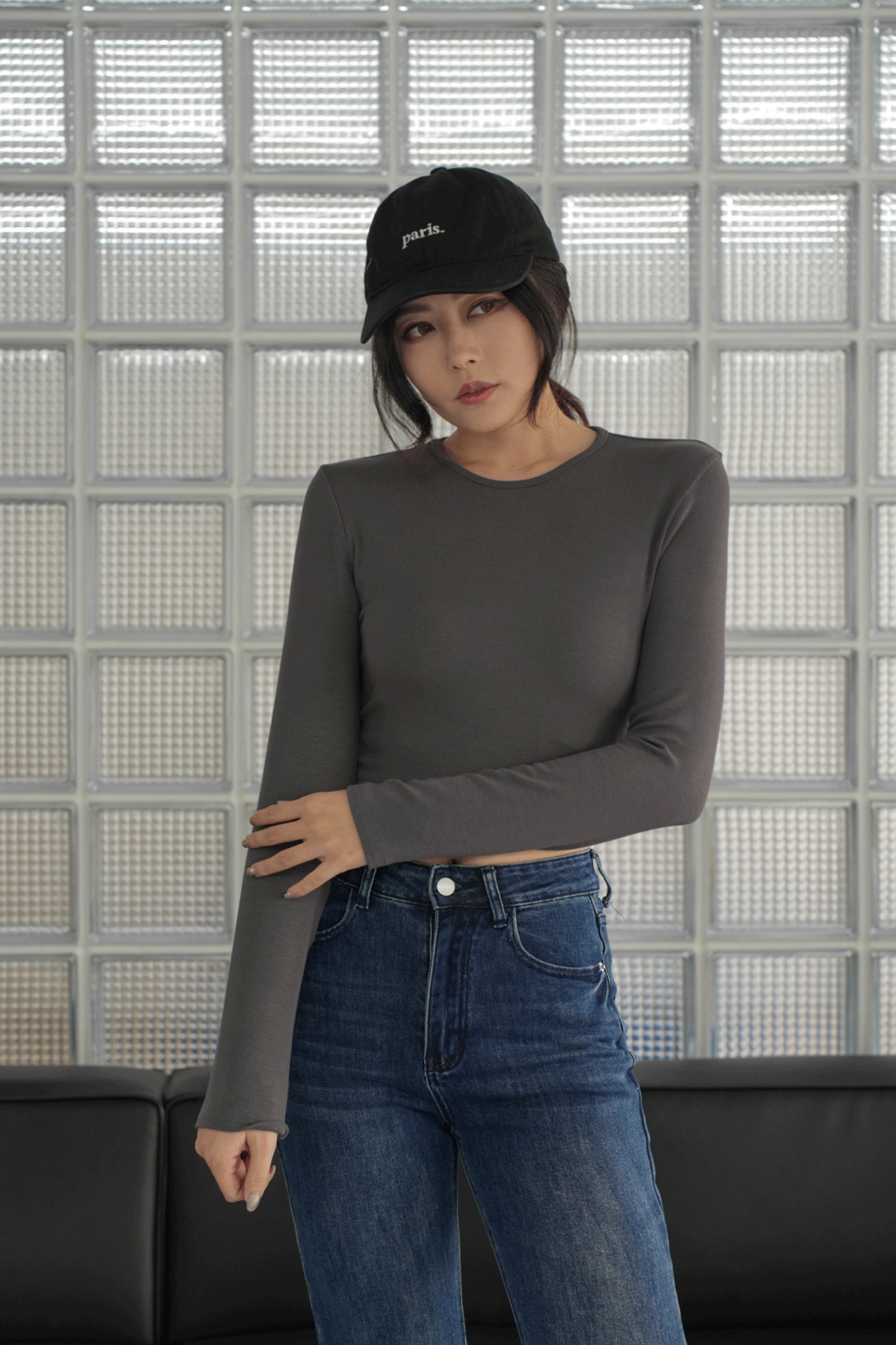 百搭彈力螺紋長袖上衣