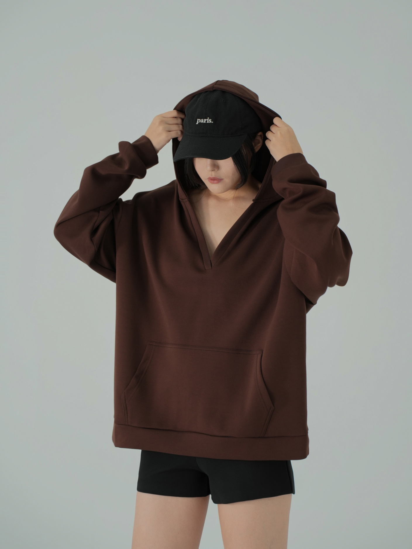 彈力空氣棉V領連帽大學T