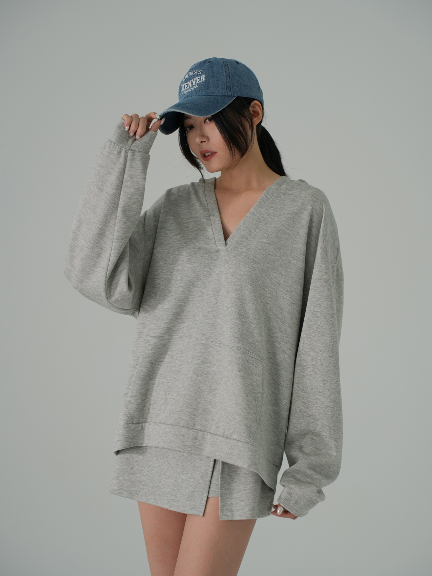 彈力空氣棉V領連帽大學T