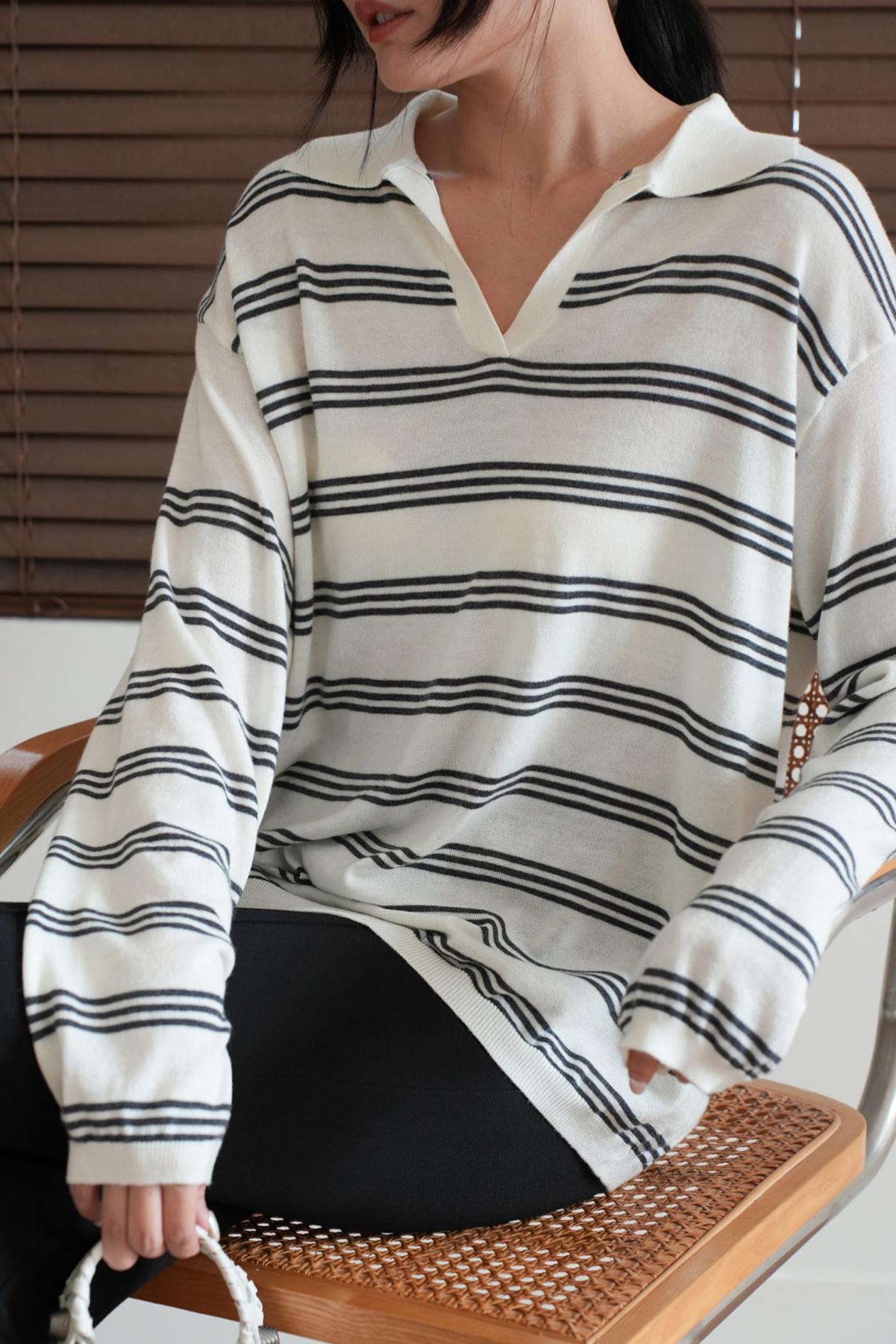 寬鬆POLO領條紋針織上衣