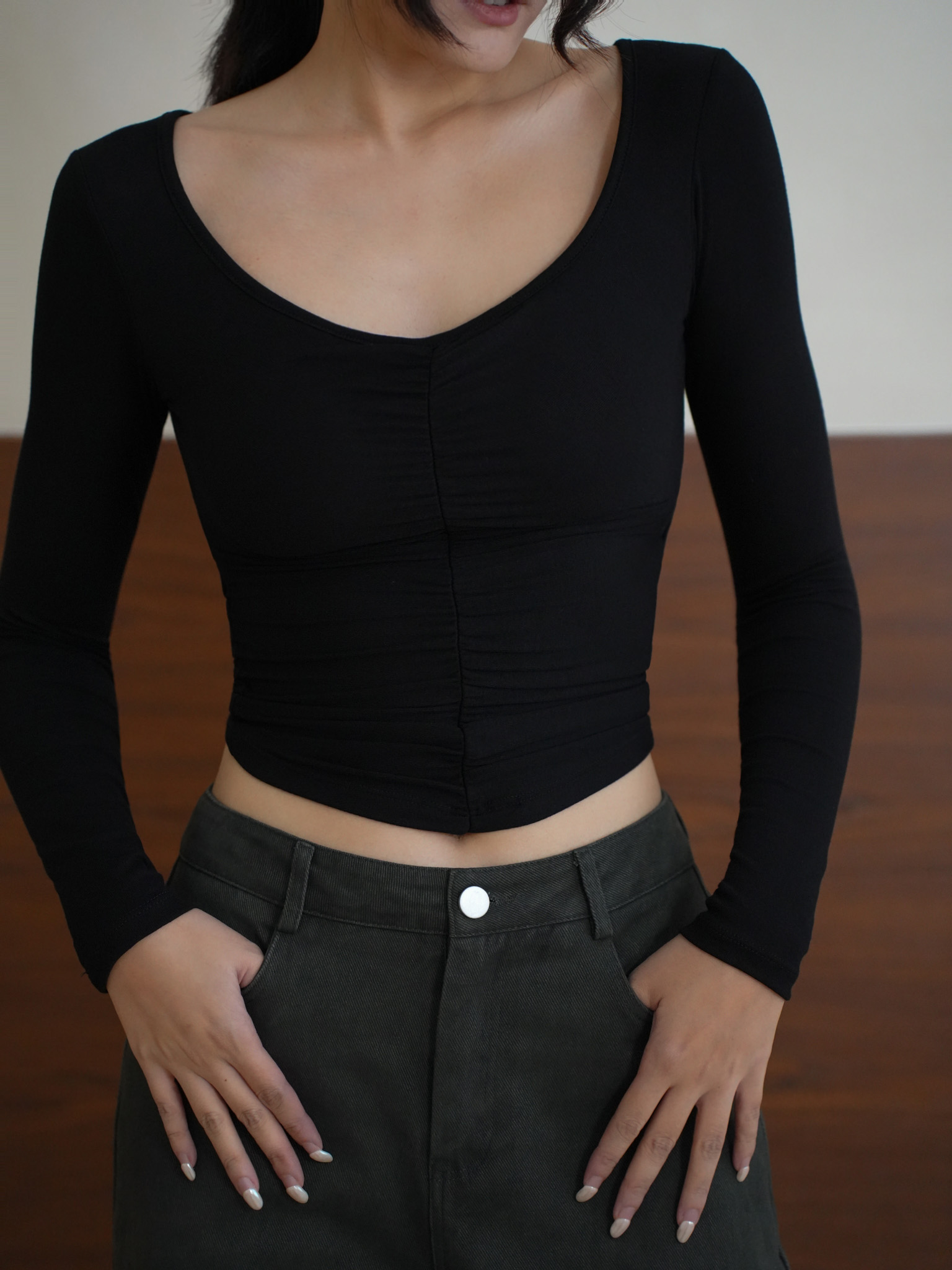 V領前抓皺長袖BRA TOP