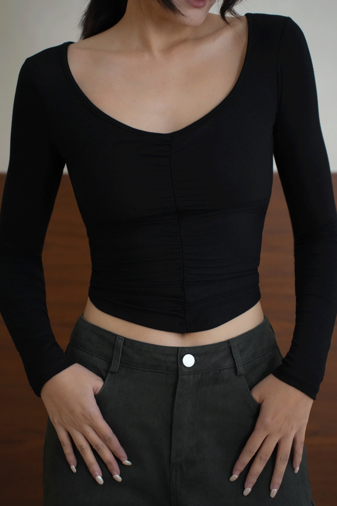 V領前抓皺長袖BRA TOP