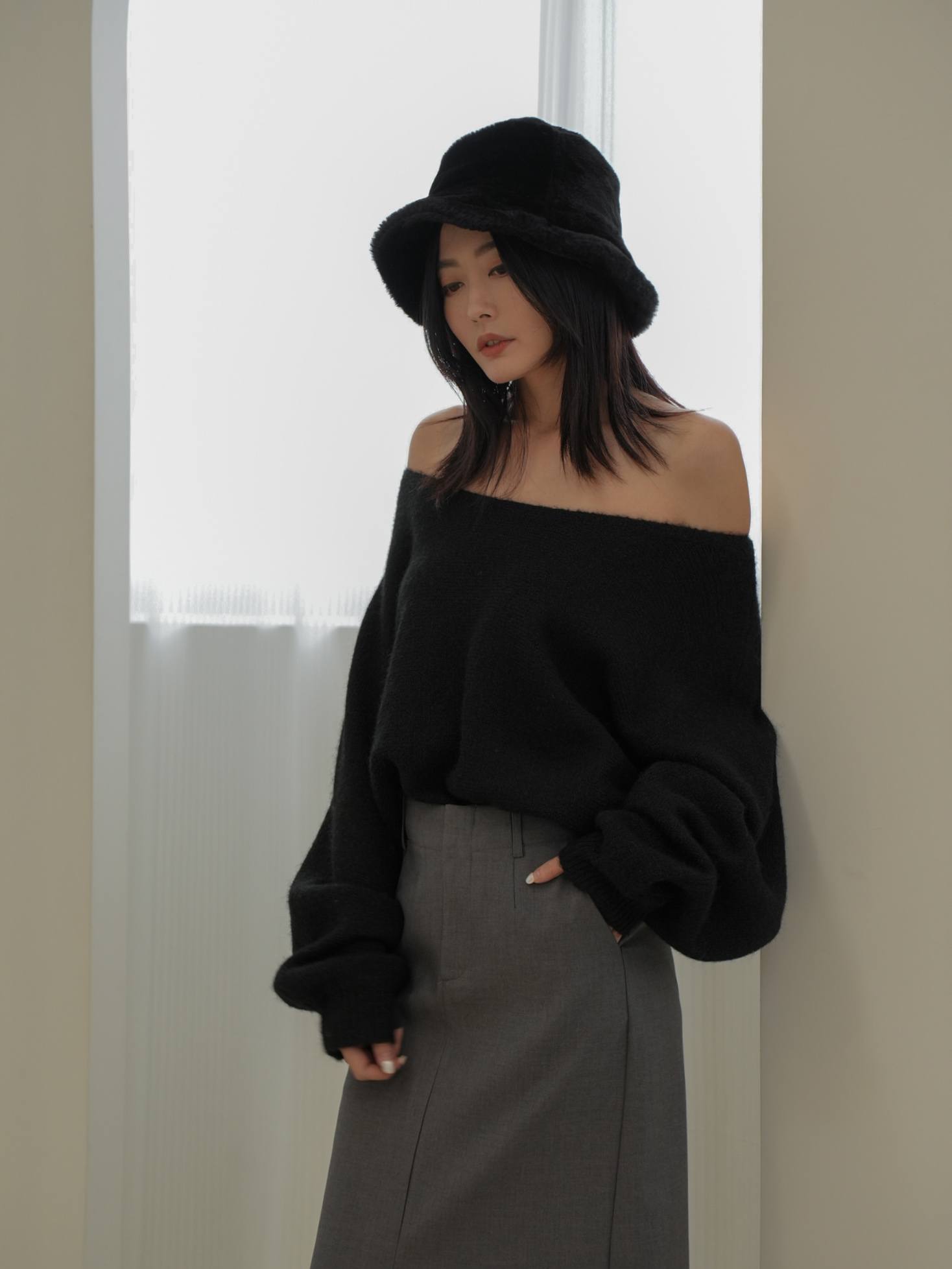 羊駝毛寬鬆大圓領毛衣