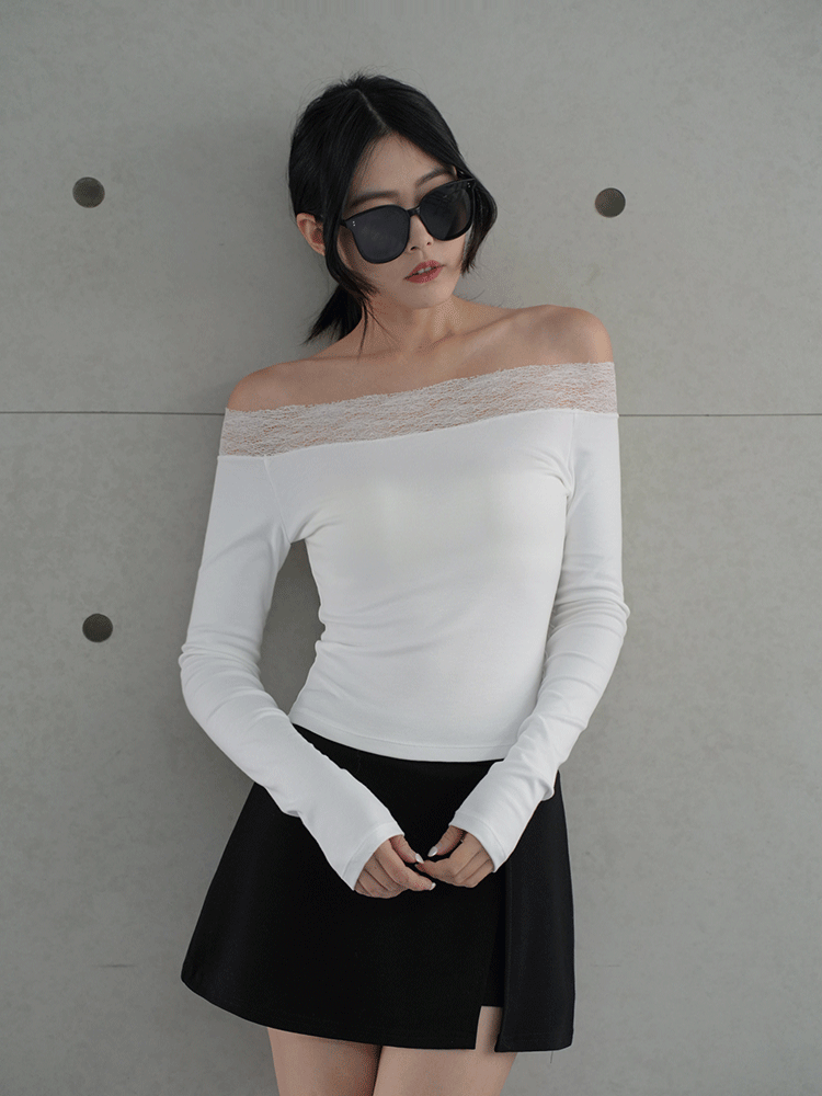 蕾絲一字領彈性長袖上衣