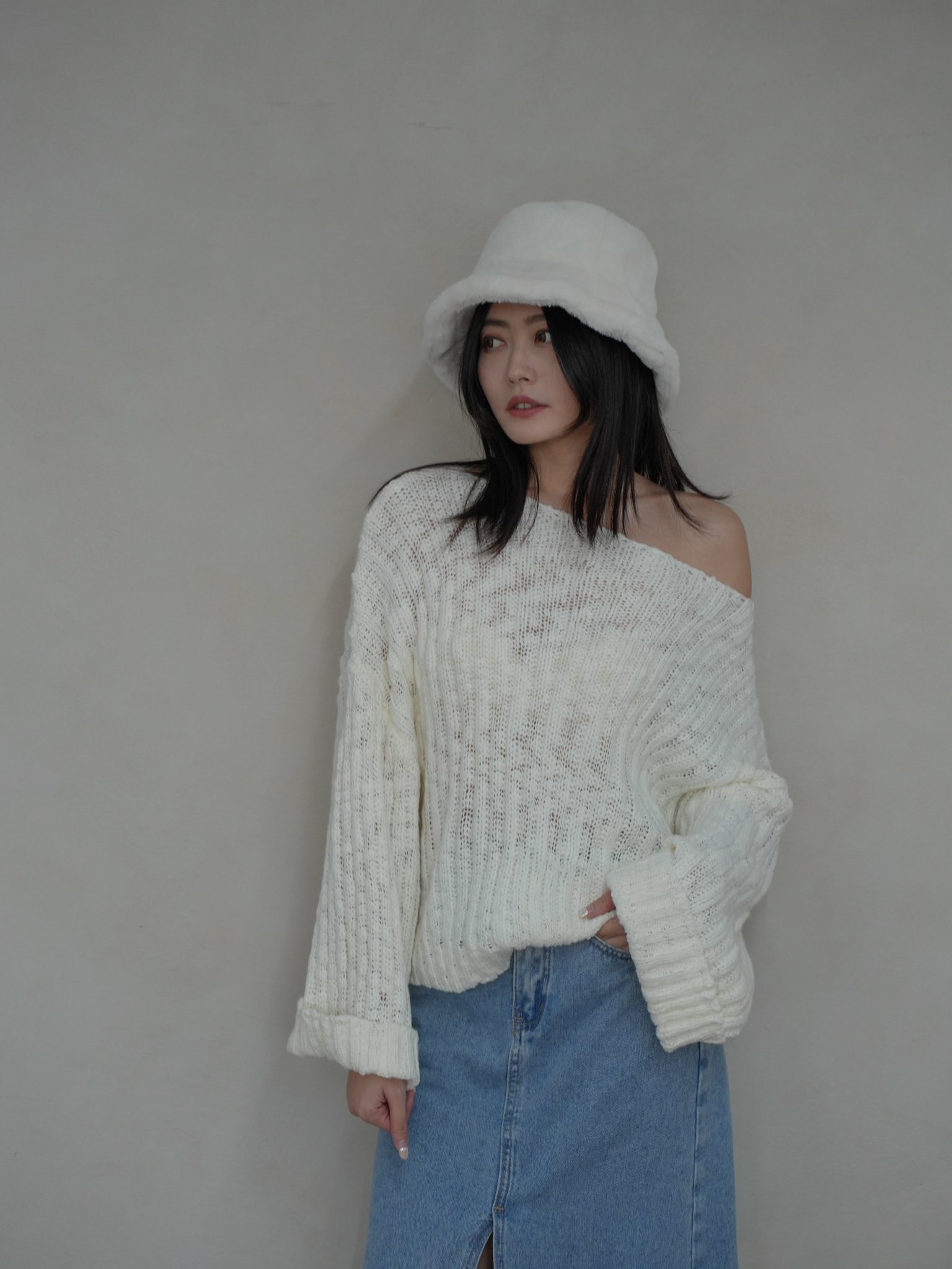 時髦寬袖粗針織上衣