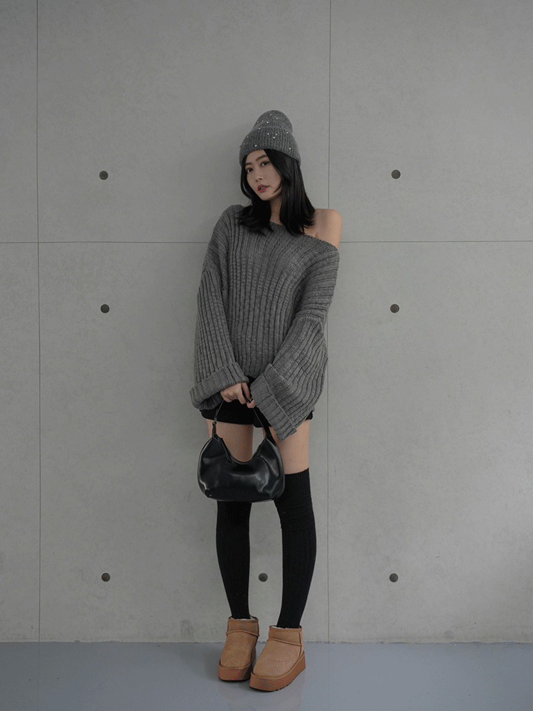 時髦寬袖粗針織上衣