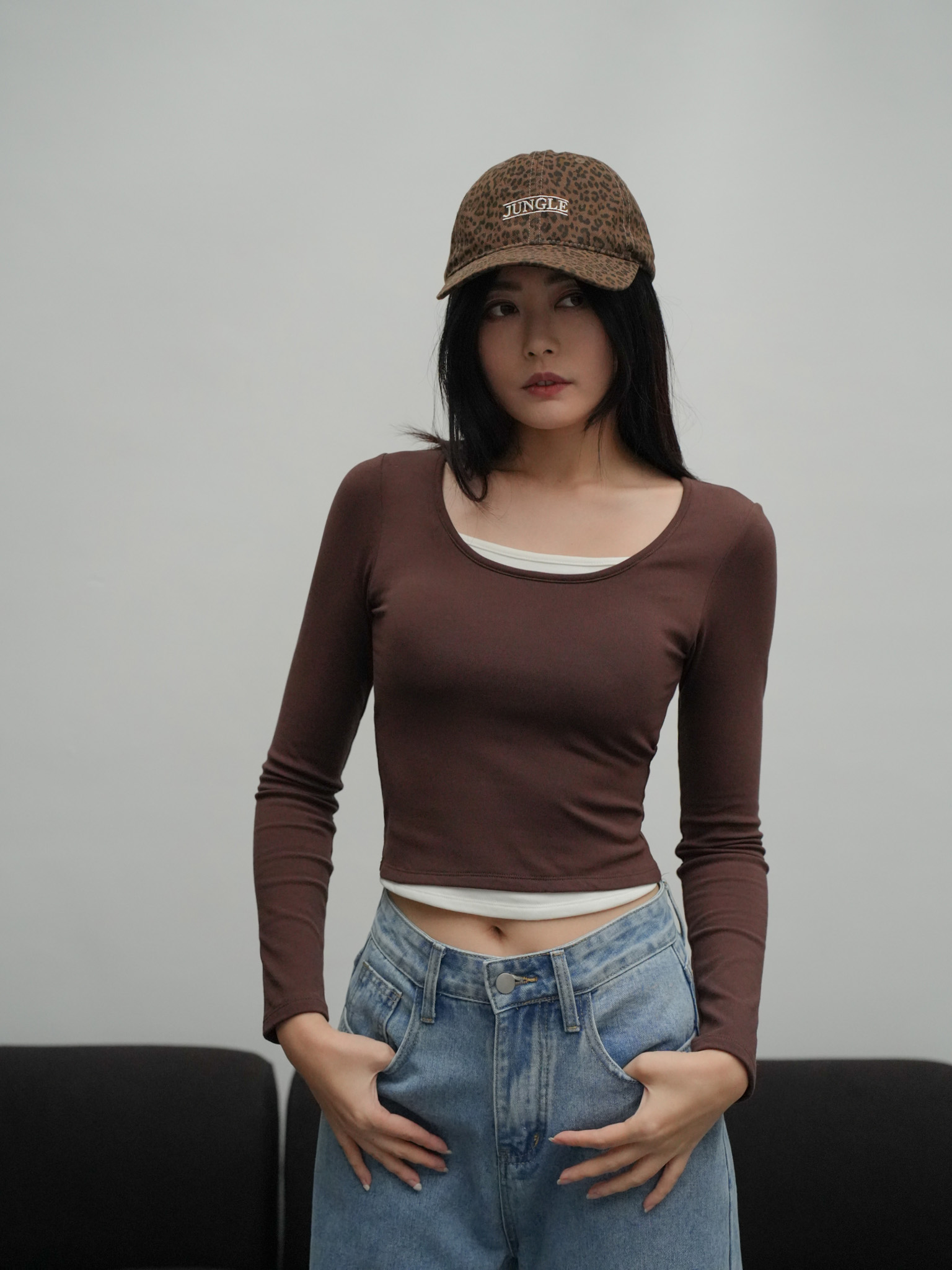 假兩件內磨毛長袖BRA TOP