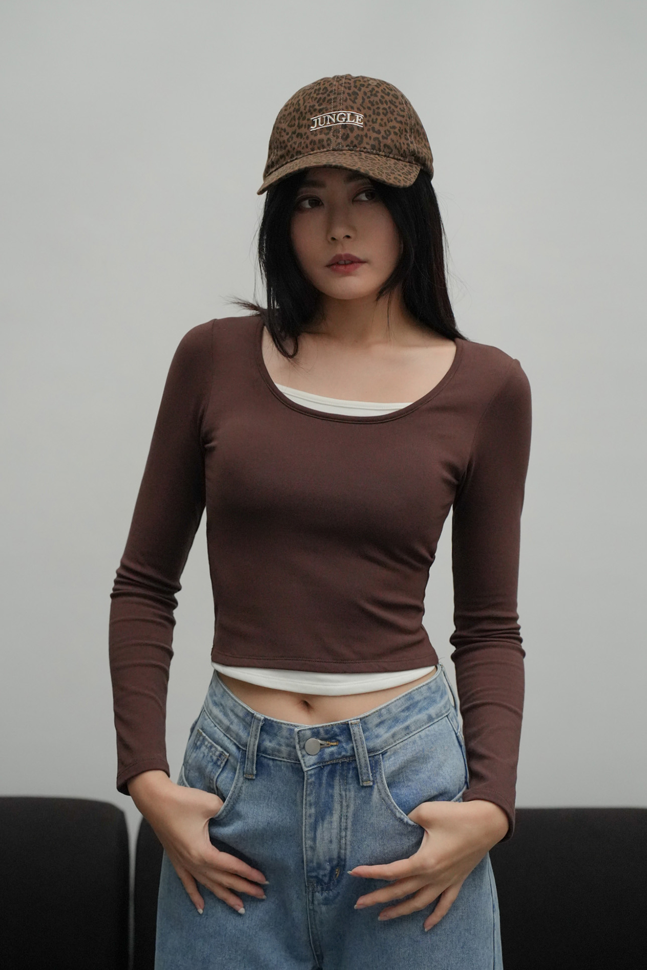 假兩件內磨毛長袖BRA TOP