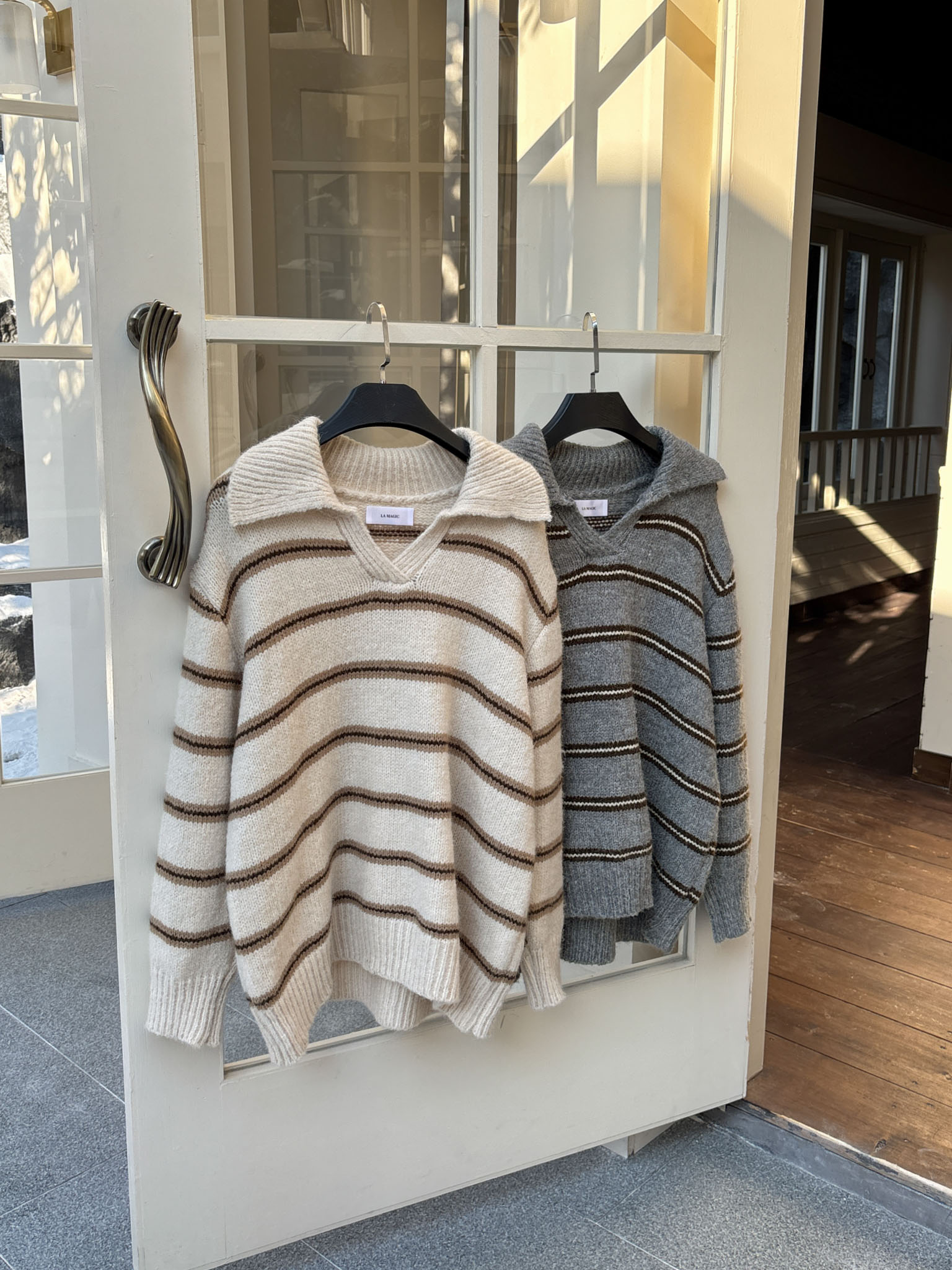 翻領條紋寬鬆毛衣