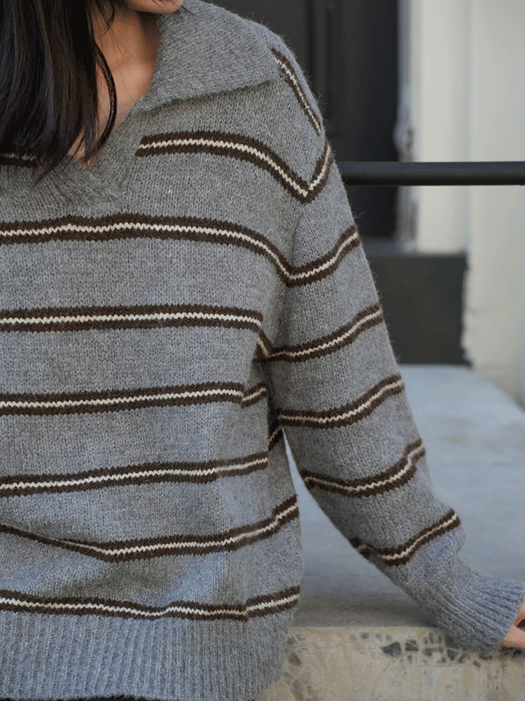 翻領條紋寬鬆毛衣