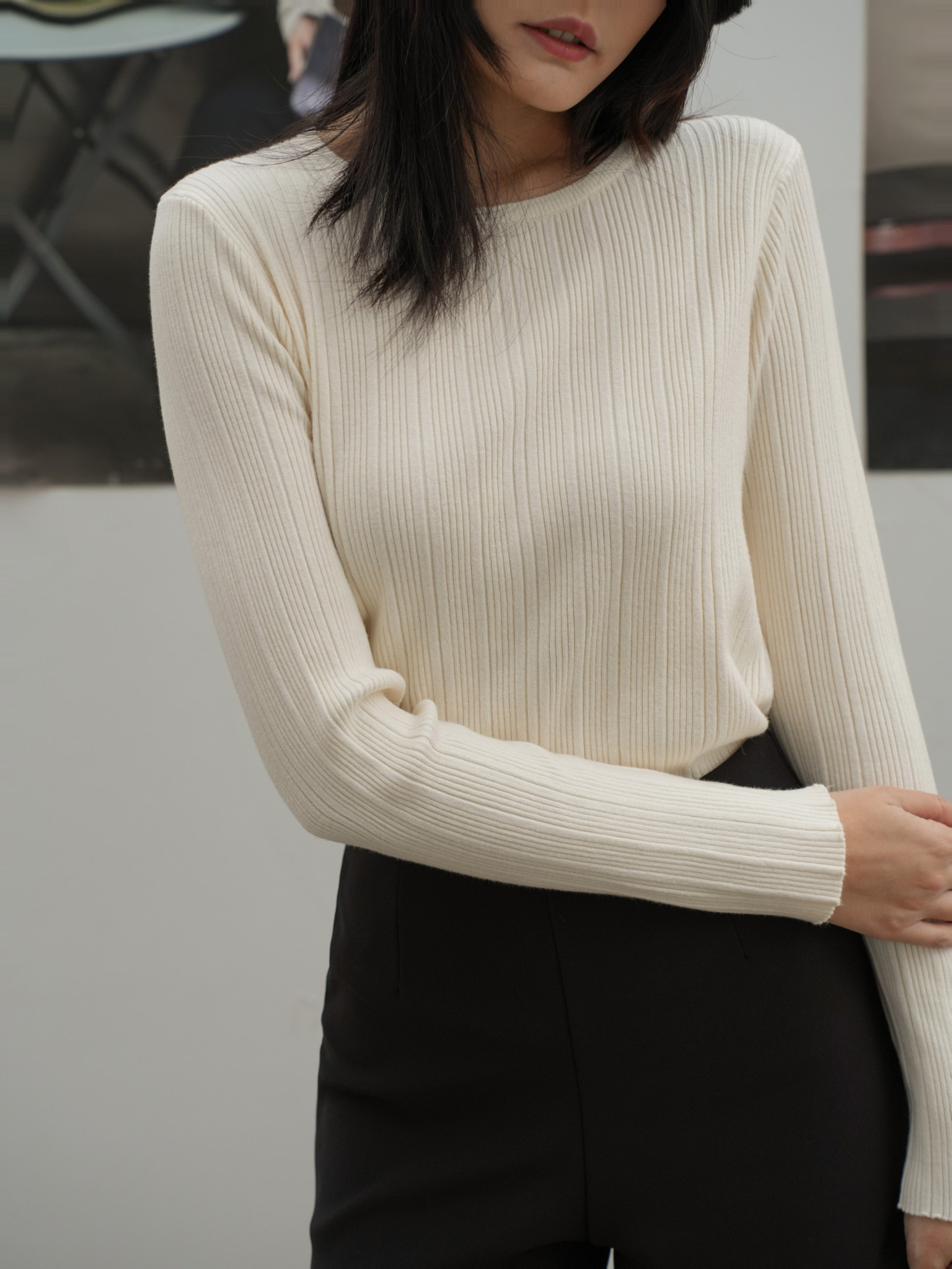 圓領坑條細針織上衣