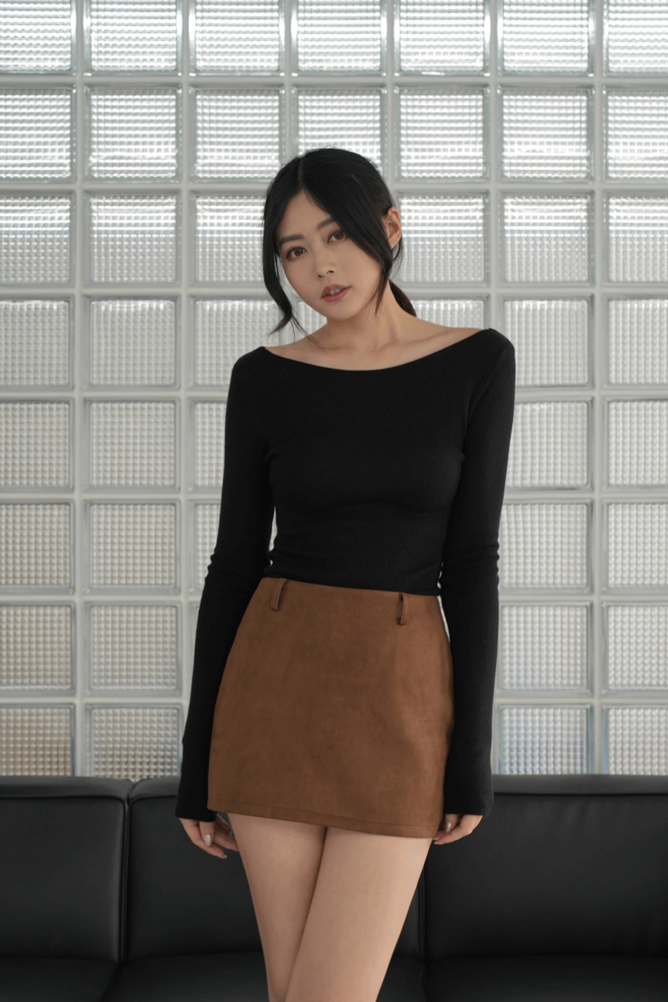 平領細針織長袖上衣