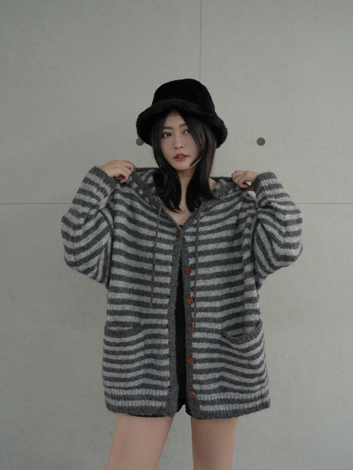 條紋針織連帽外套