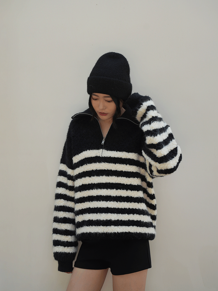 質感條紋圈圈紗半拉鍊毛衣