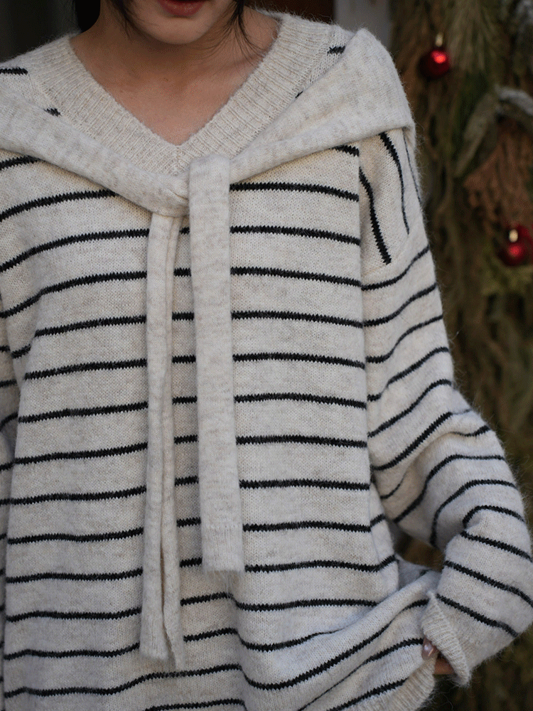 羊駝毛披肩造型條紋毛衣
