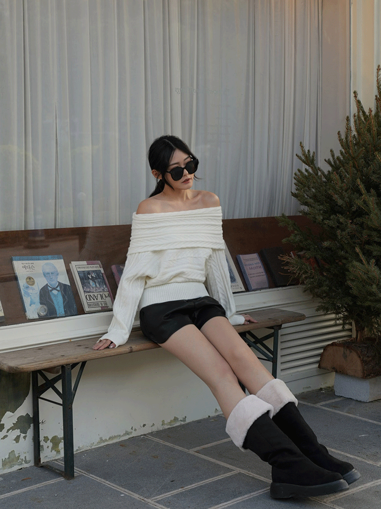 麻花一字領毛衣