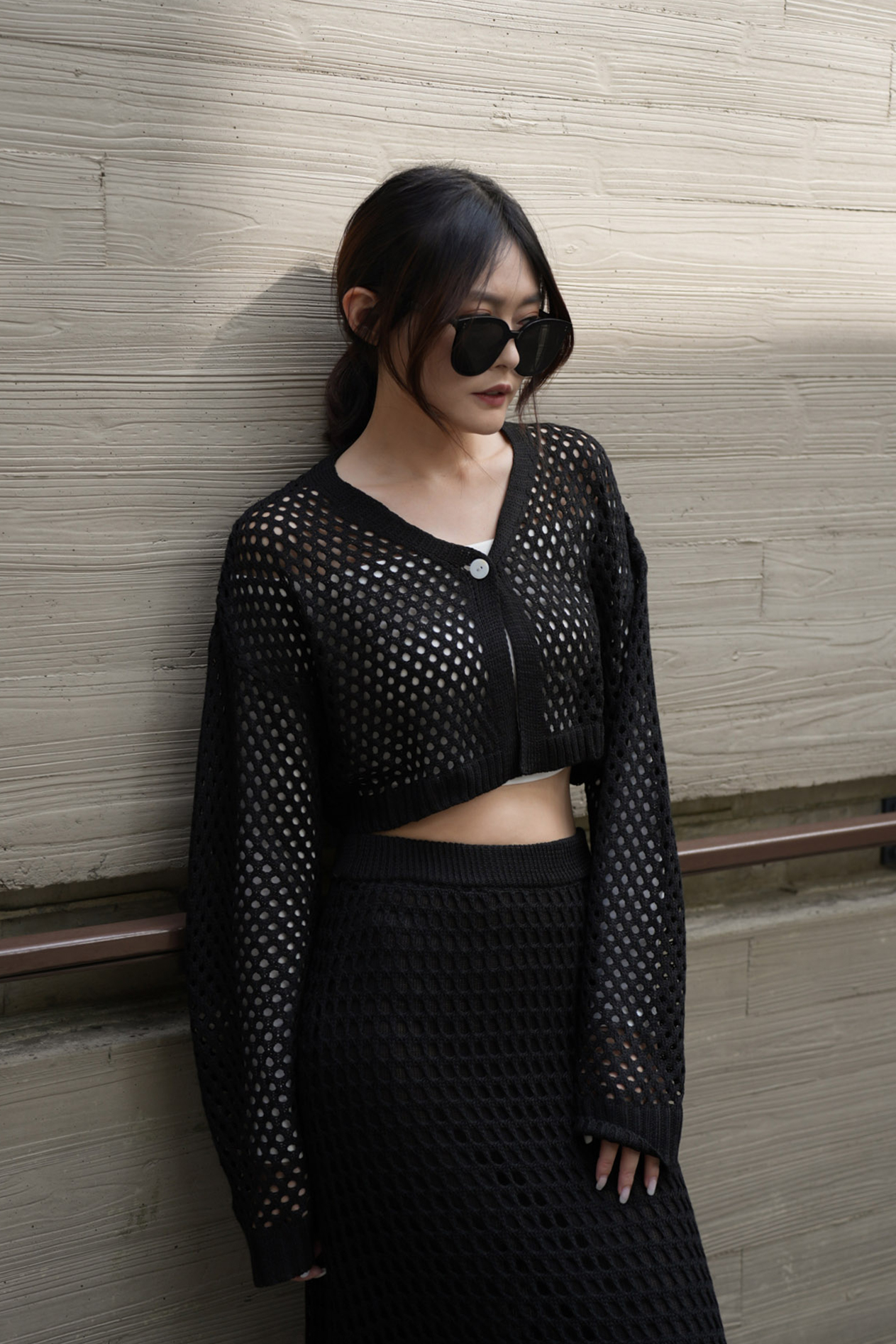 短版洞洞針織單釦外套