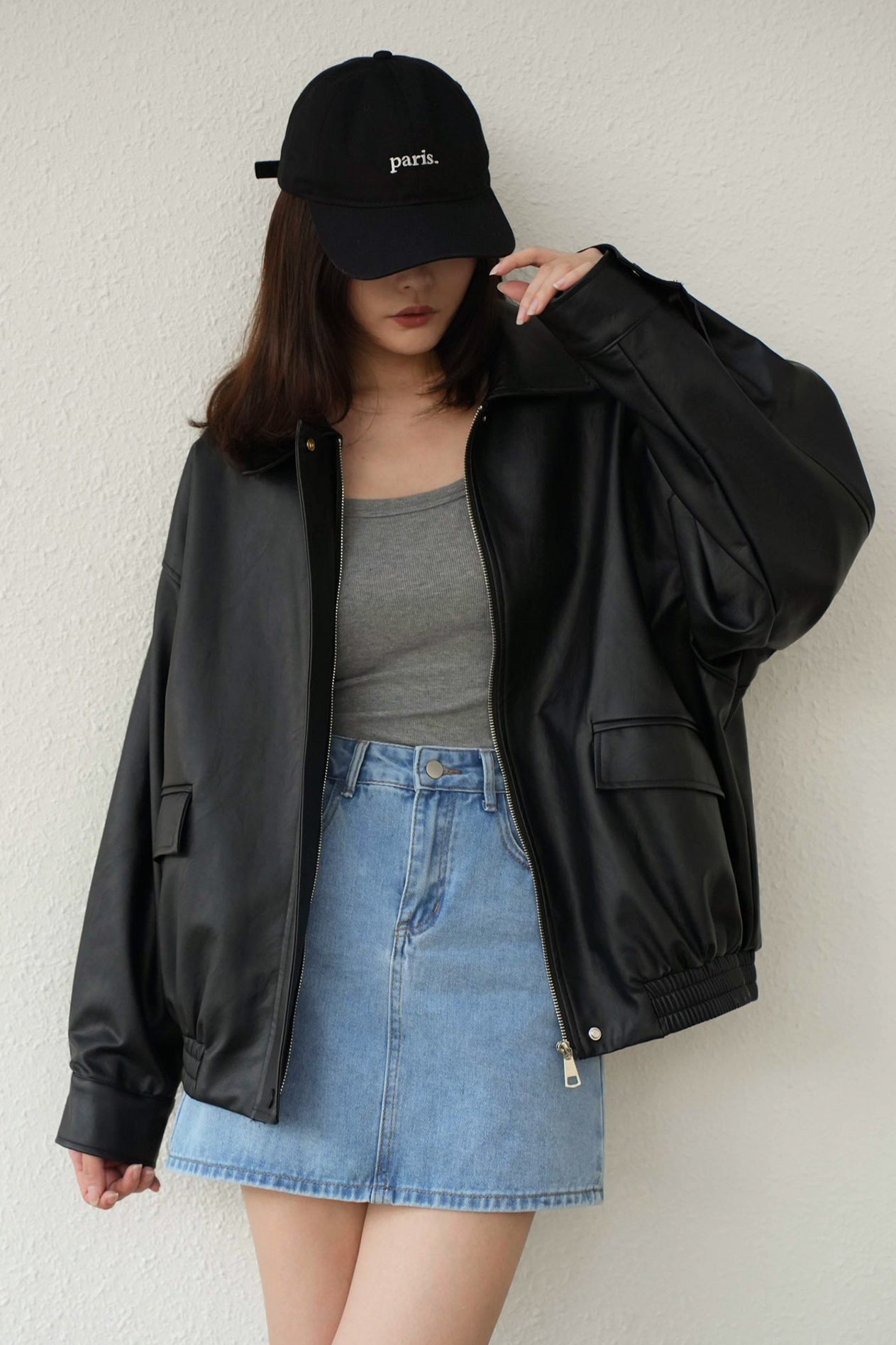 質感寬鬆口袋皮革外套