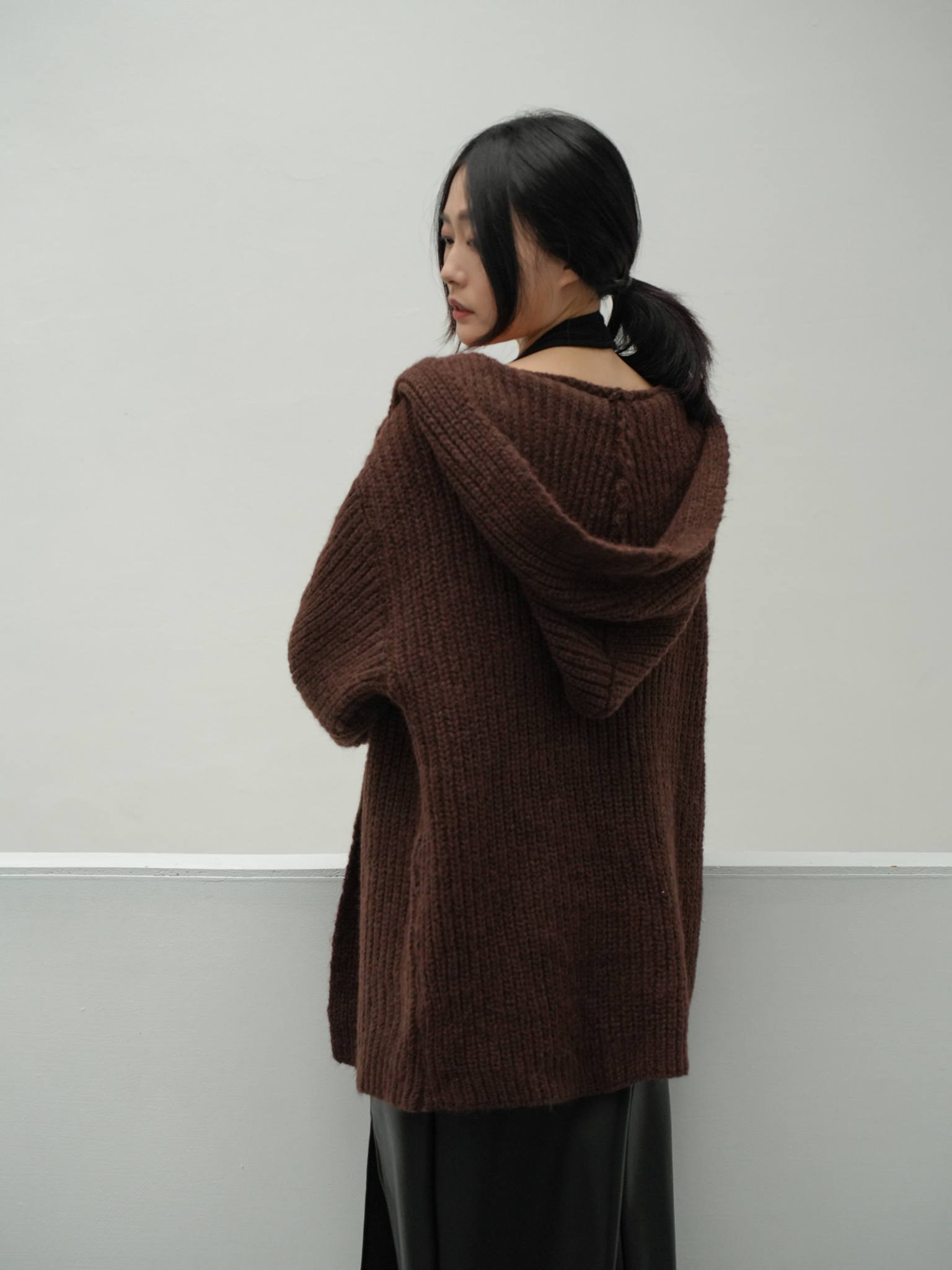 澎袖粗針織連帽外套