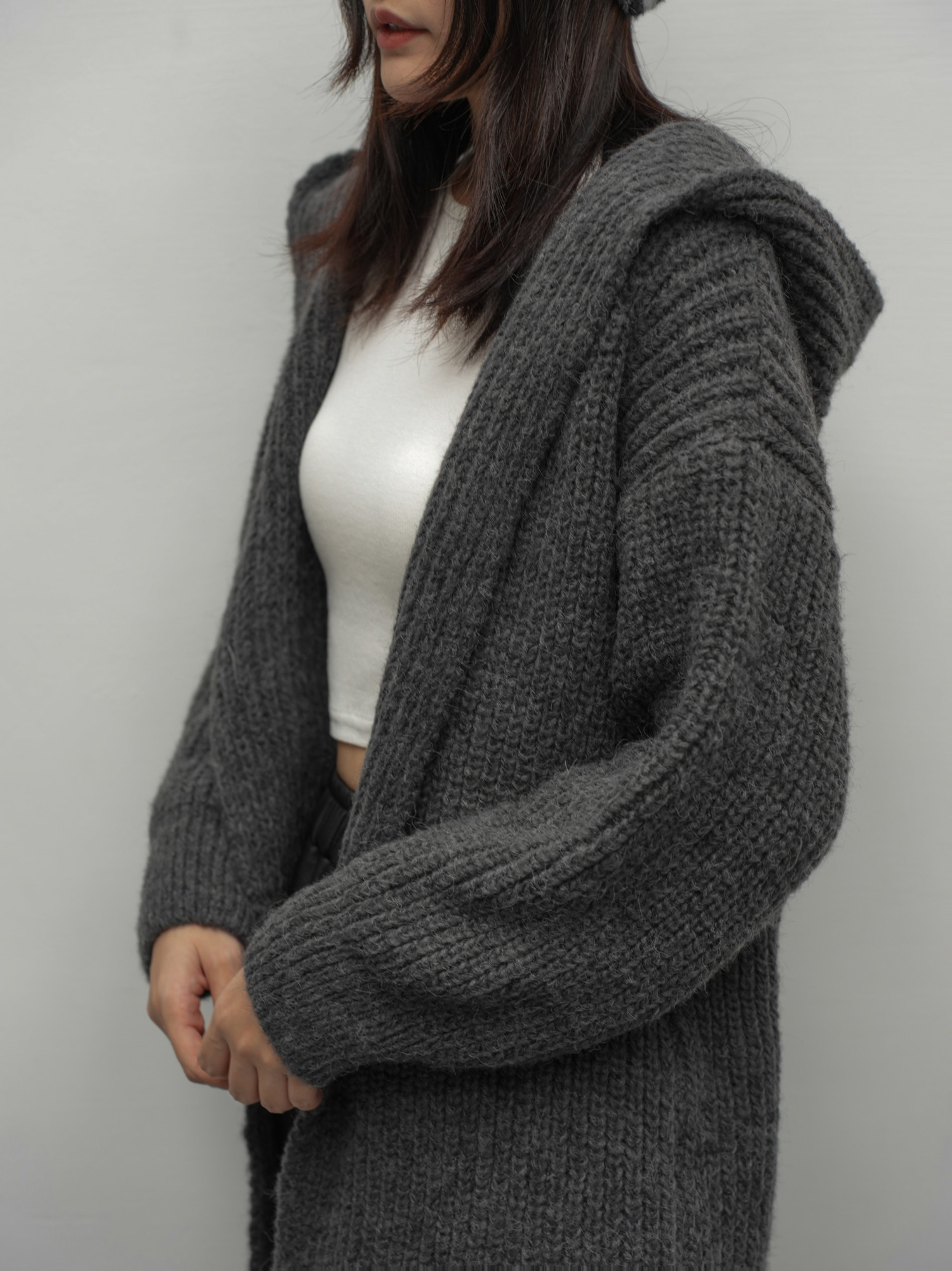 澎袖粗針織連帽外套