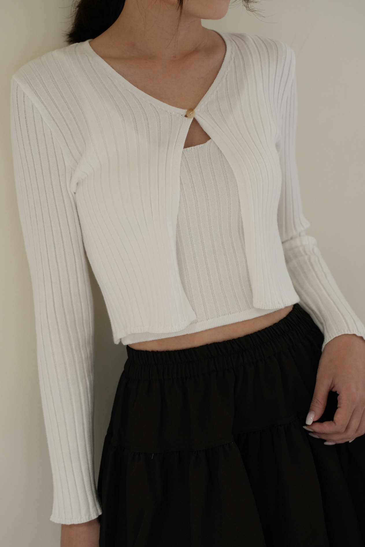 輕柔坑條針織單釦外套