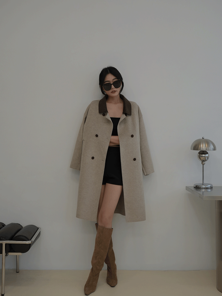 拼色翻領毛呢大衣外套