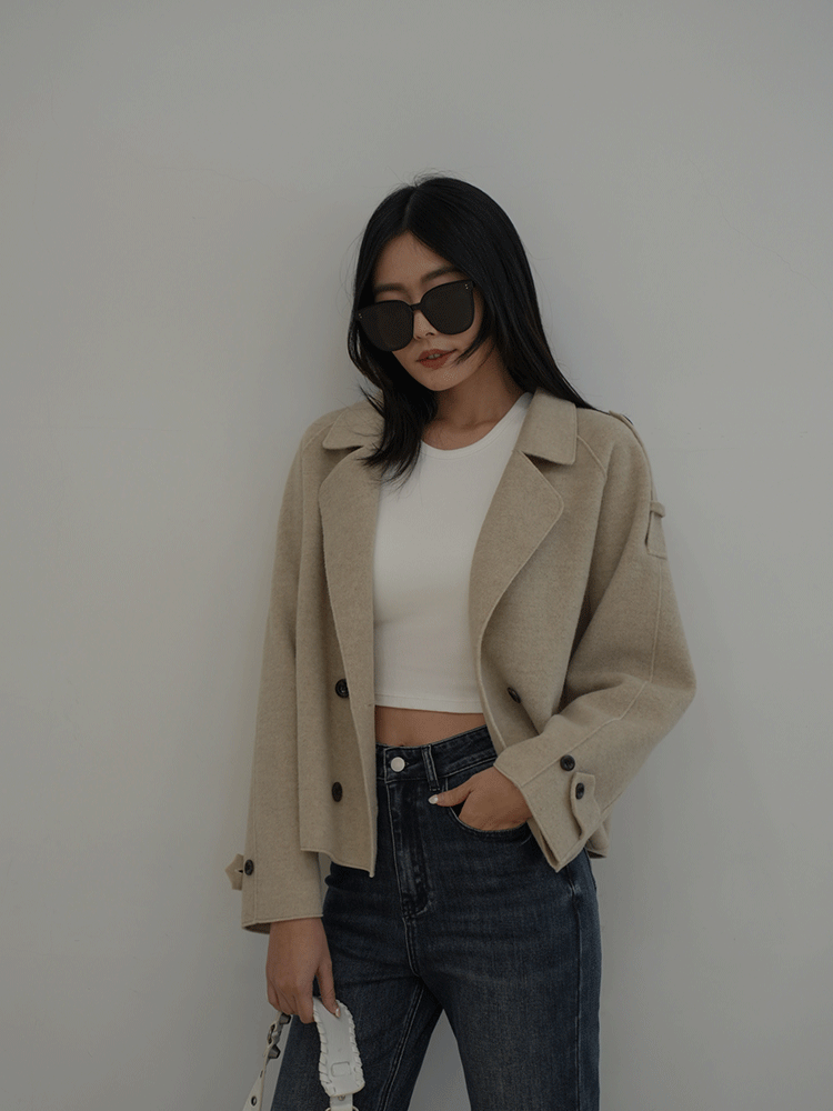 翻領毛呢短版風衣外套