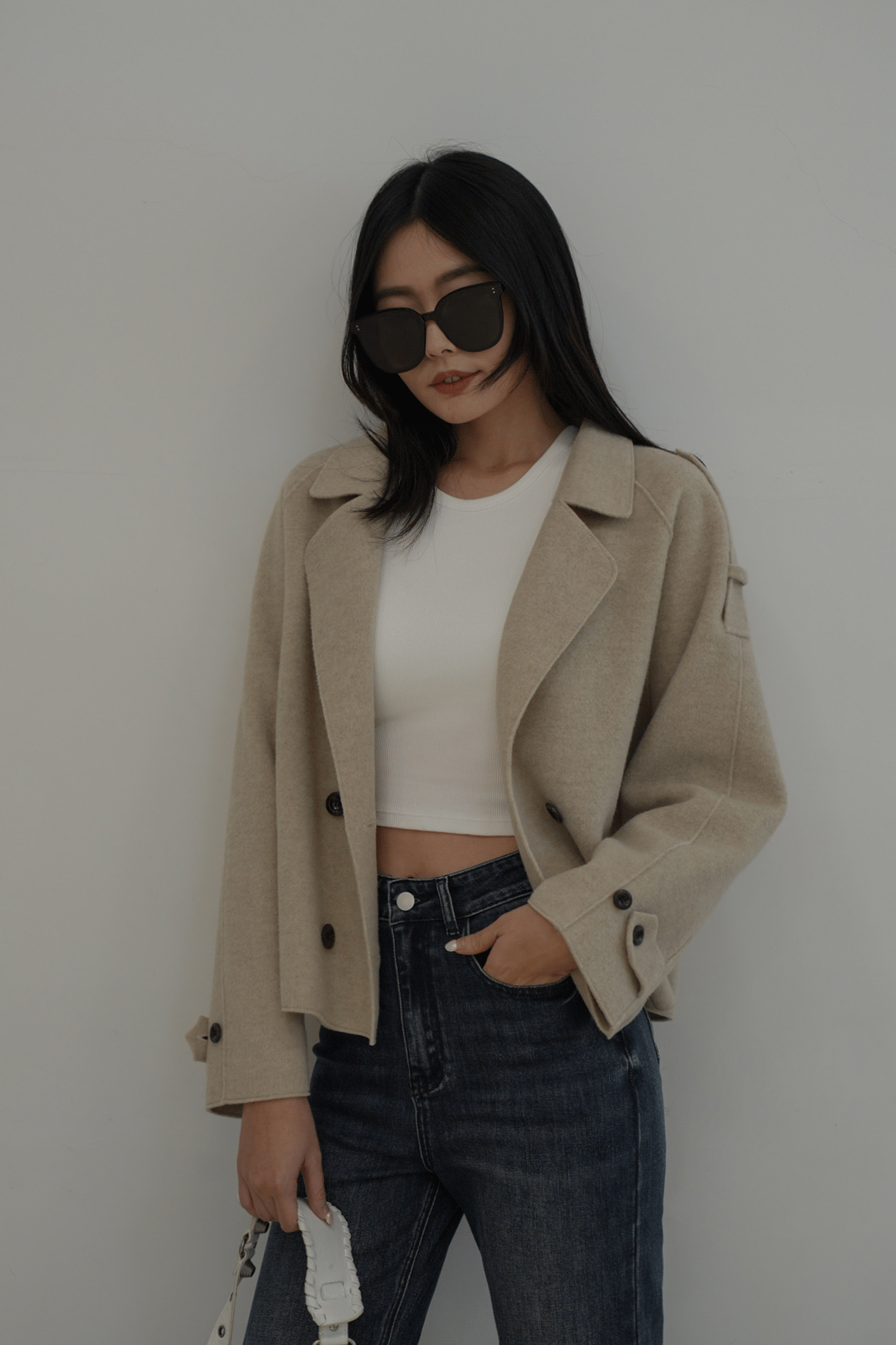 翻領毛呢短版風衣外套