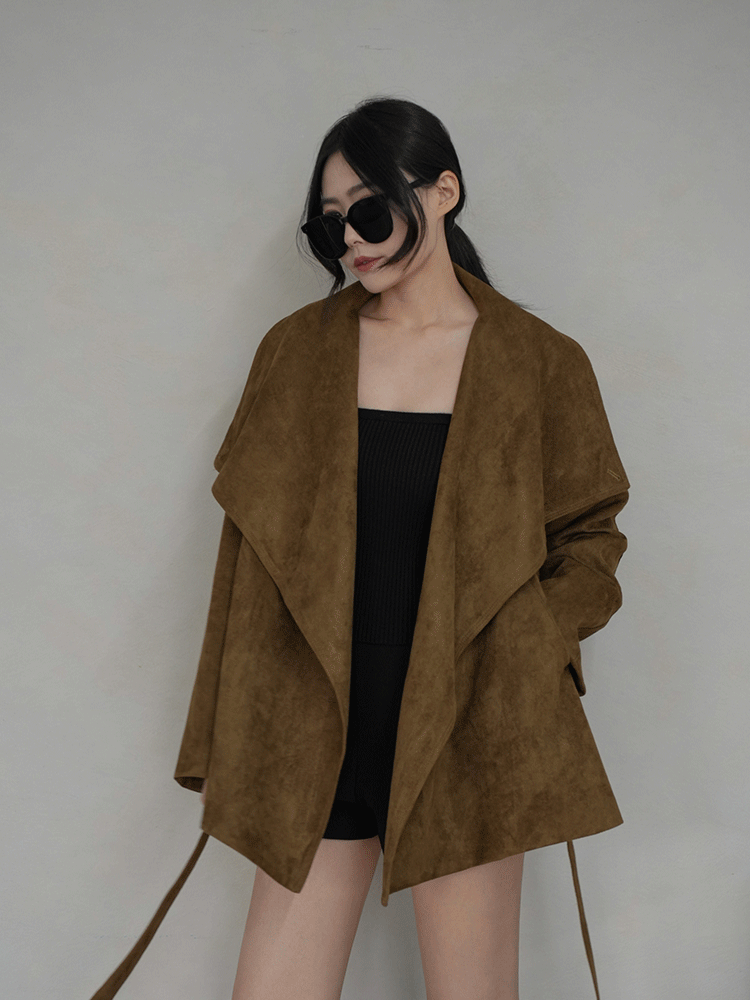 質感麂皮翻領綁帶風衣